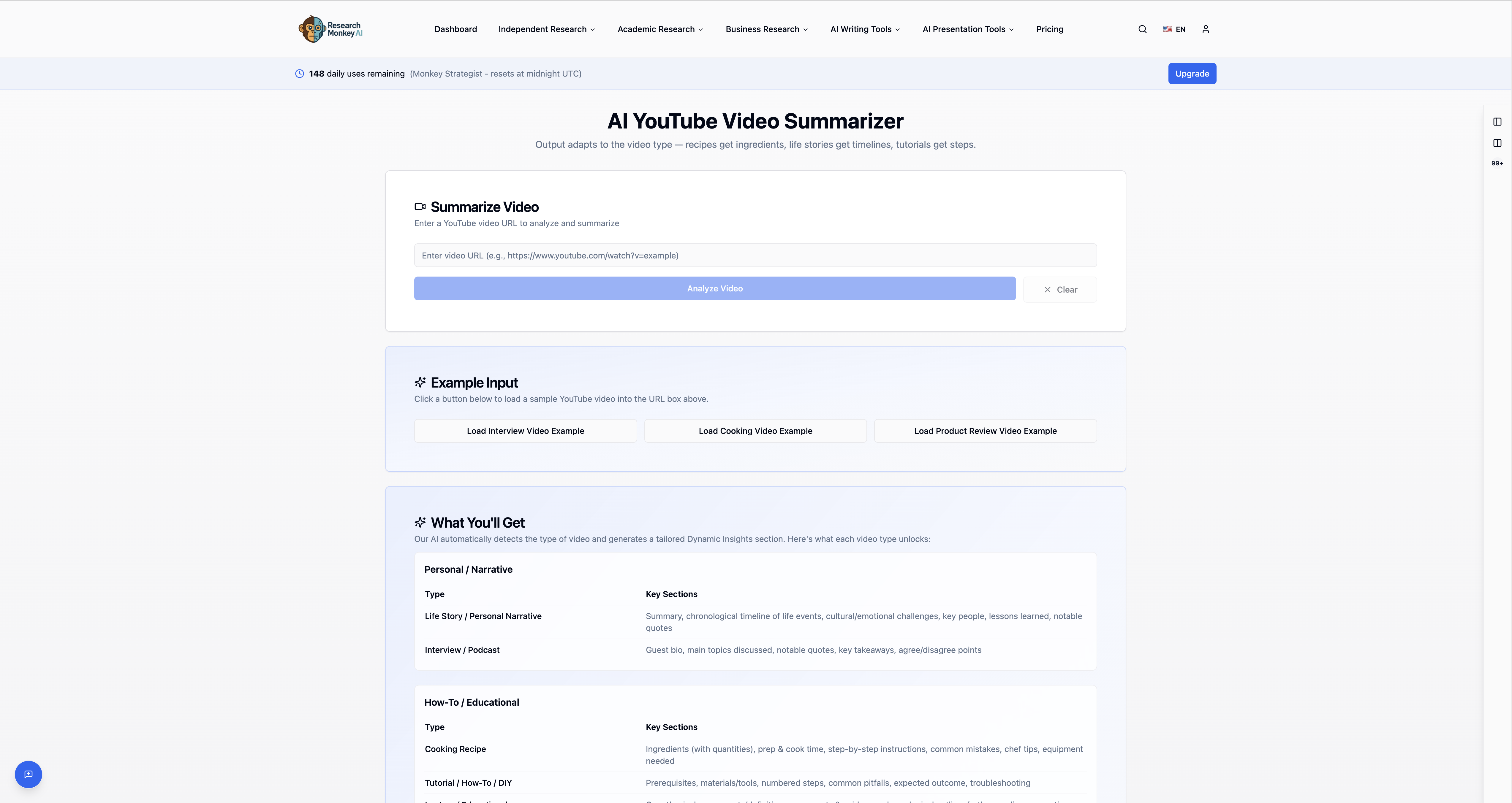 ResearchMonkey AI | YouTube Summarizer - Screenshot showing the interface and features of this AI tool