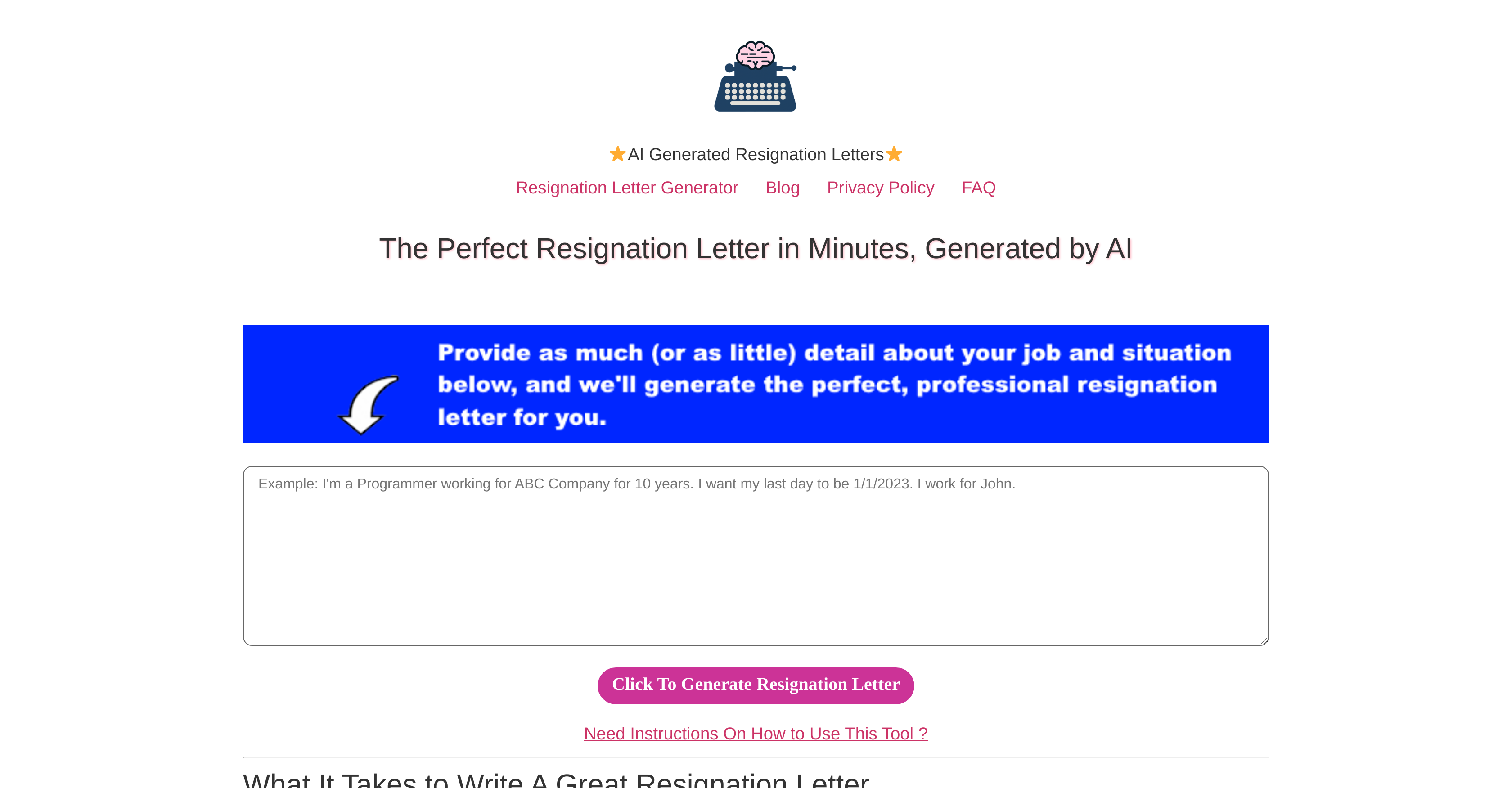 Just Resignation Letters - Screenshot showing the interface and features of this AI tool