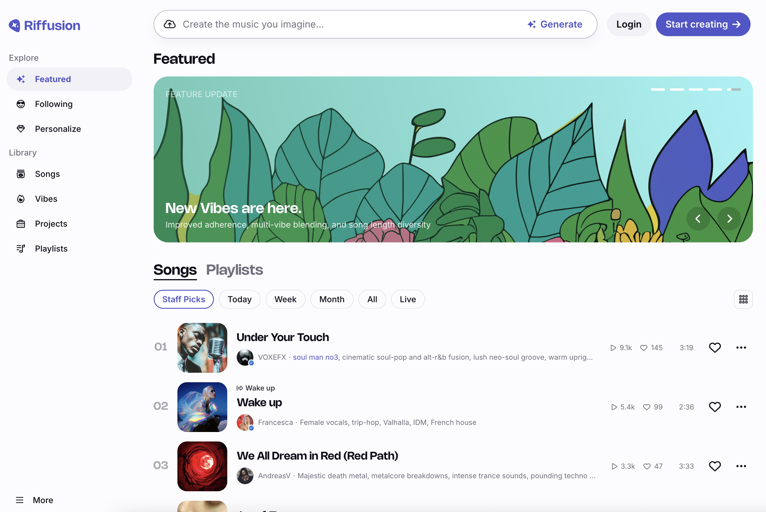 Riffusion - Screenshot showing the interface and features of this AI tool