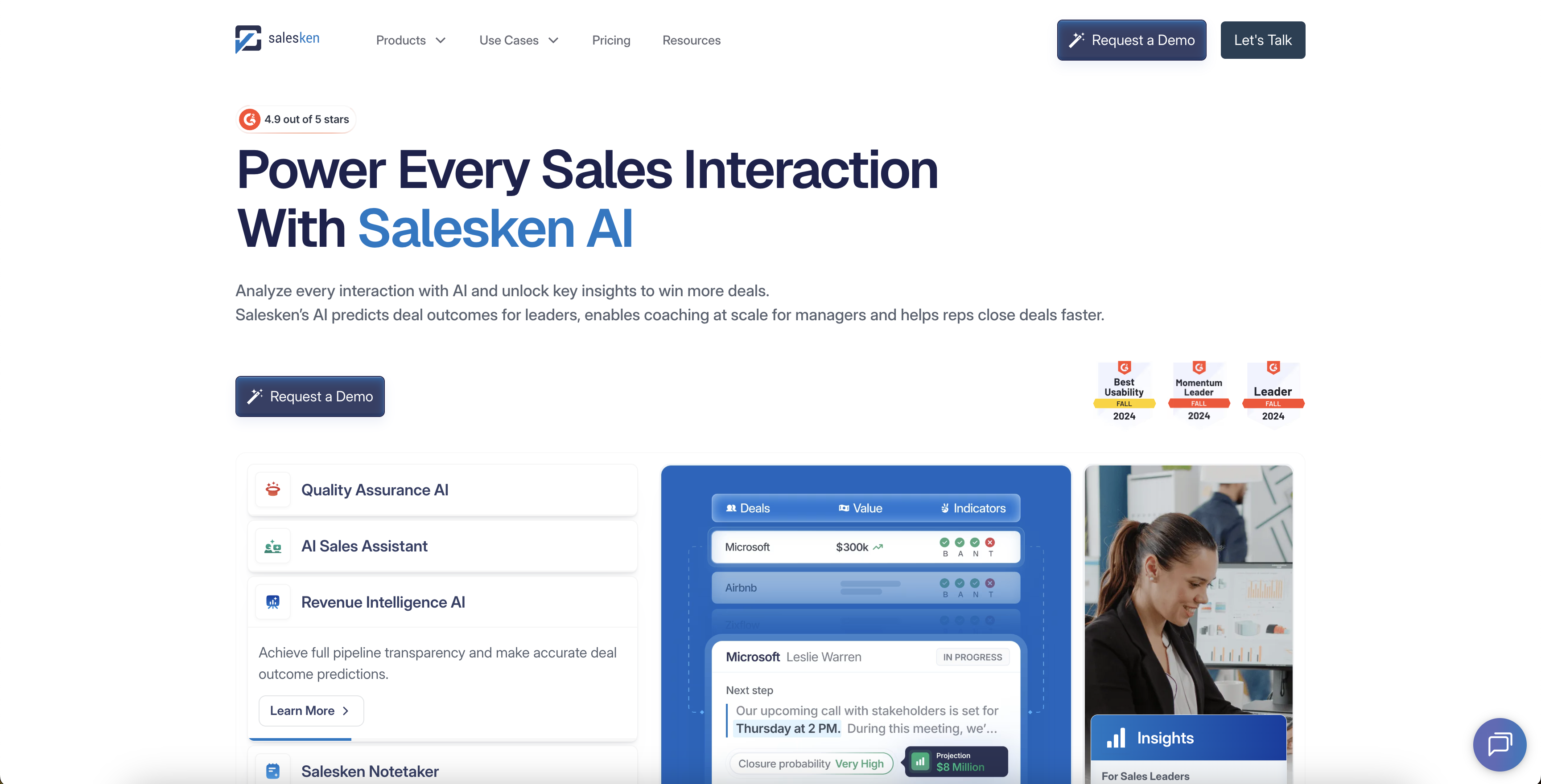 Salesken - Screenshot showing the interface and features of this AI tool