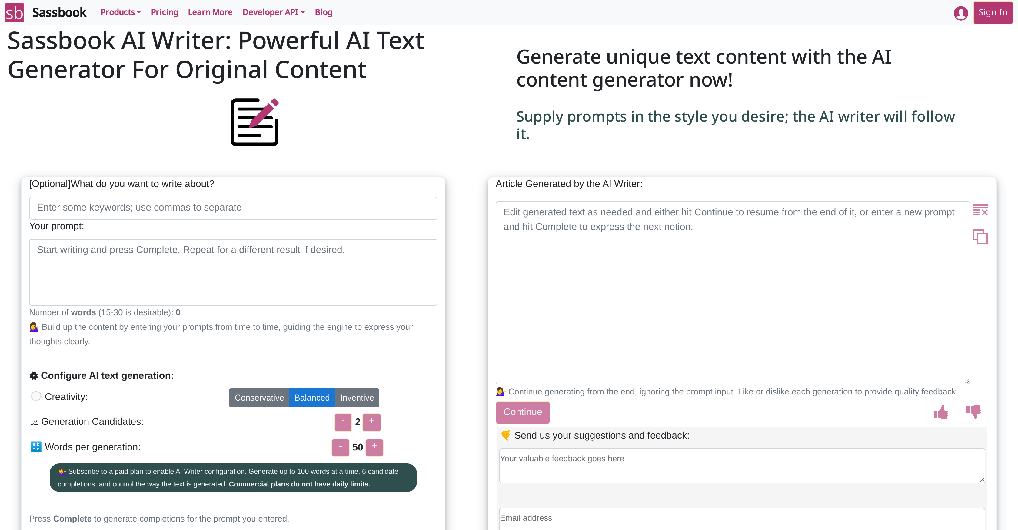 Sassbook AI Writer - Screenshot showing the interface and features of this AI tool