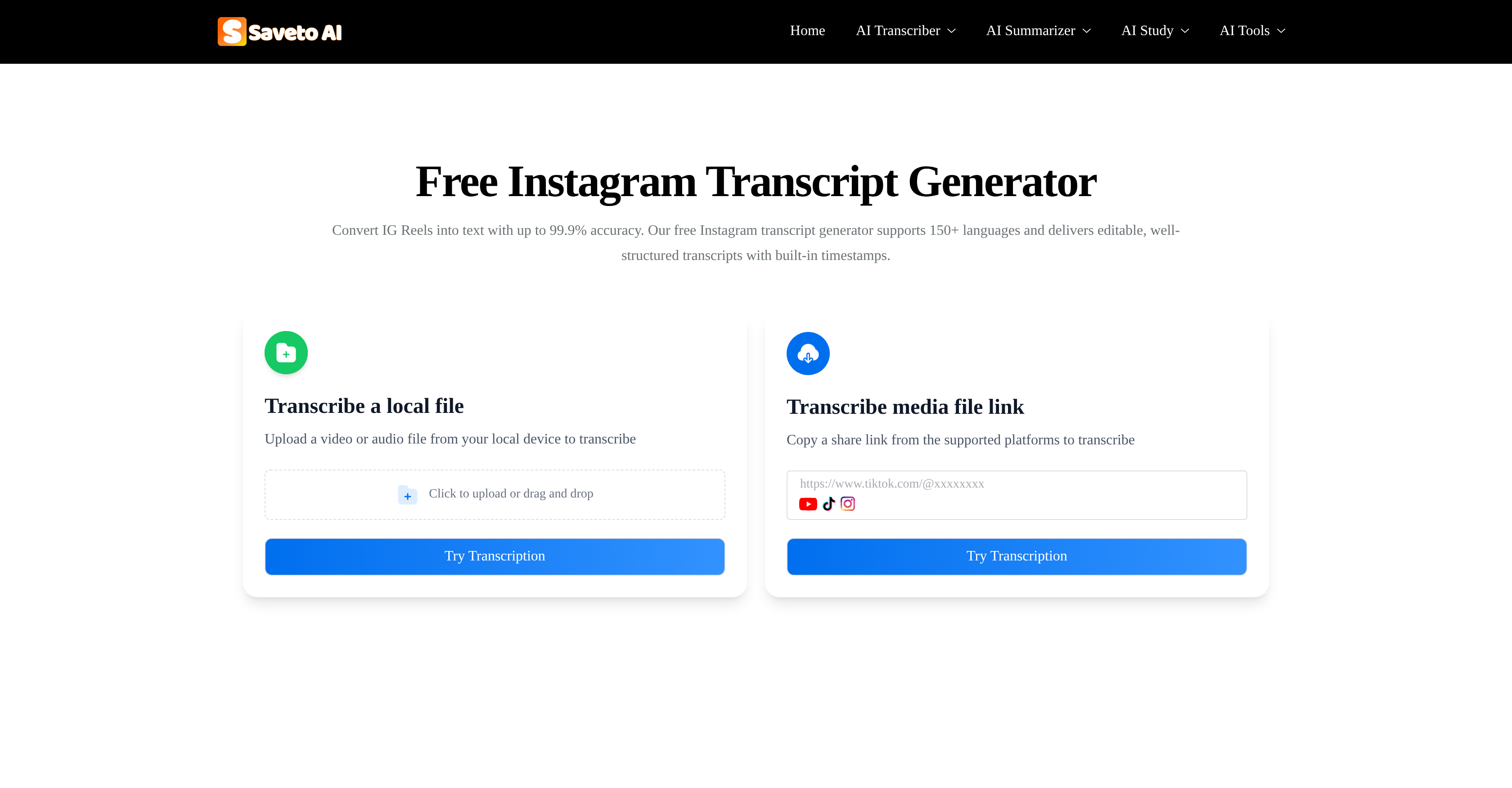 Saveto AI | Instagram Transcript Generator - Screenshot showing the interface and features of this AI tool