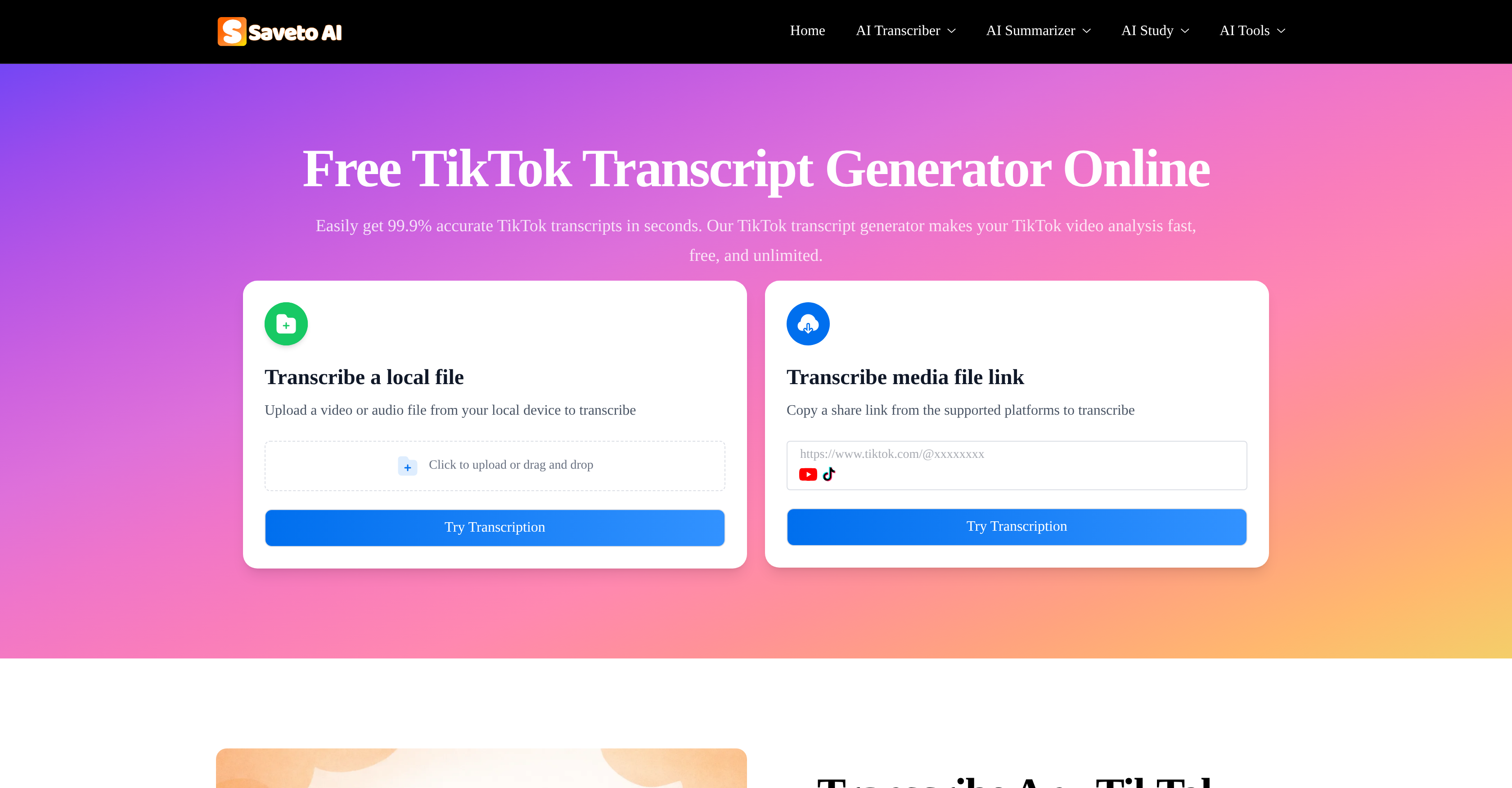 Saveto AI | TikTok Transcript Generator - Screenshot showing the interface and features of this AI tool