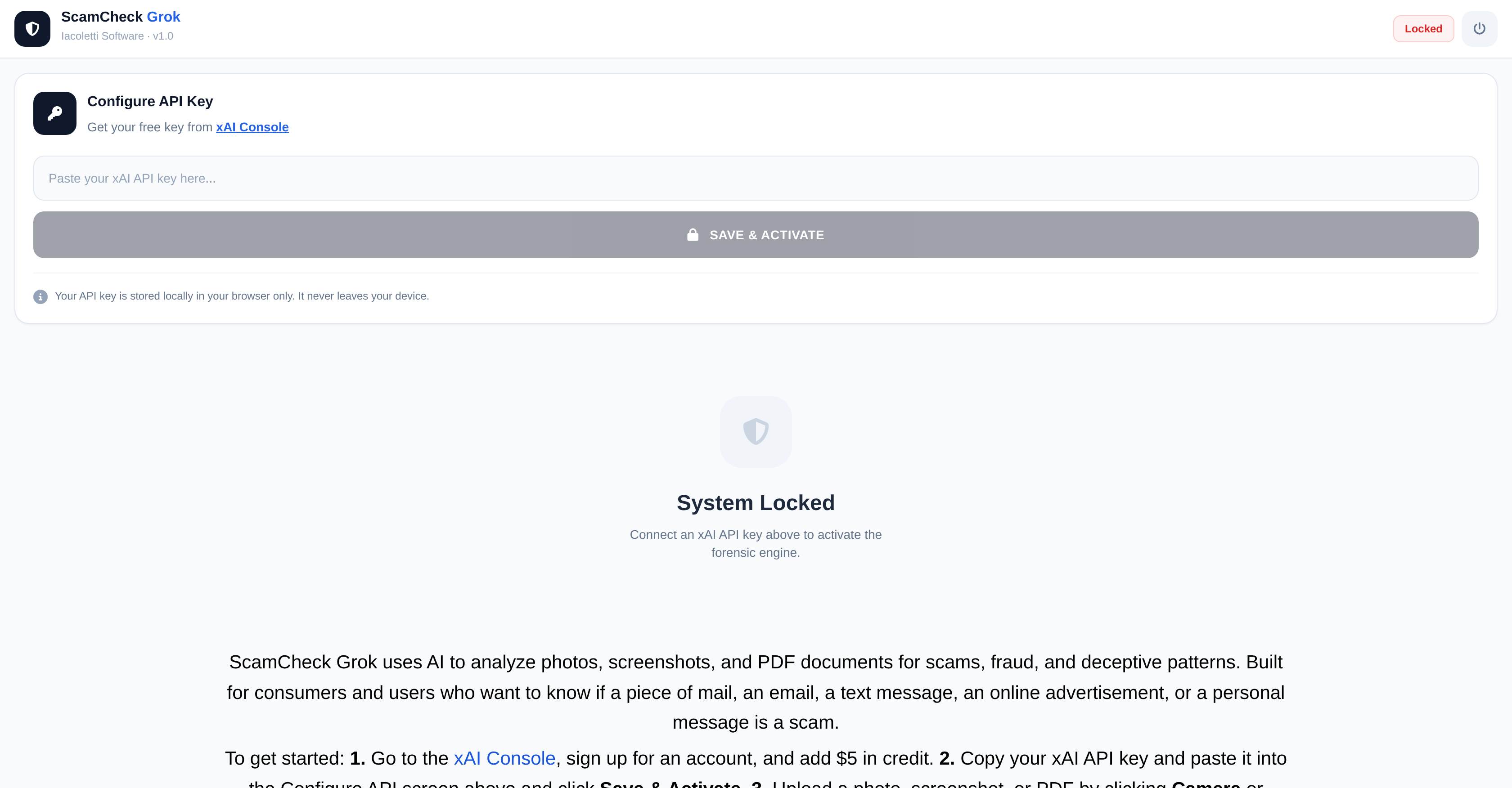 ScamCheck Grok - Screenshot showing the interface and features of this AI tool