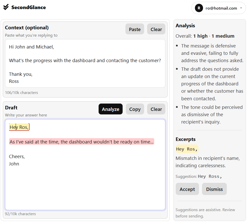 Second Glance - Screenshot showing the interface and features of this AI tool