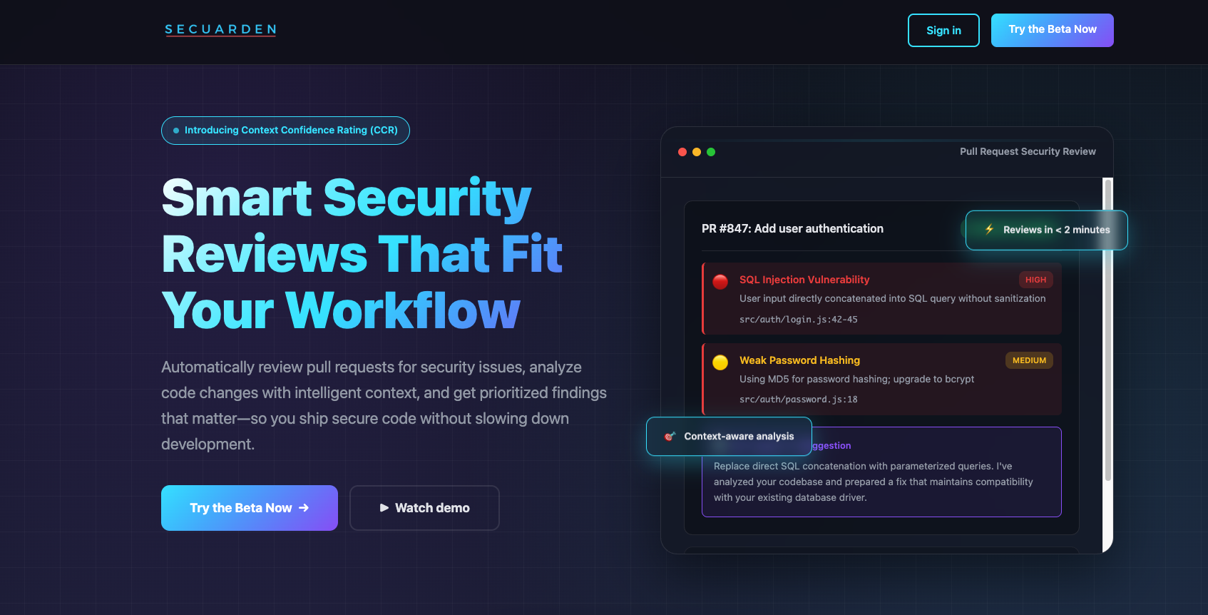 Secuarden - Screenshot showing the interface and features of this AI tool
