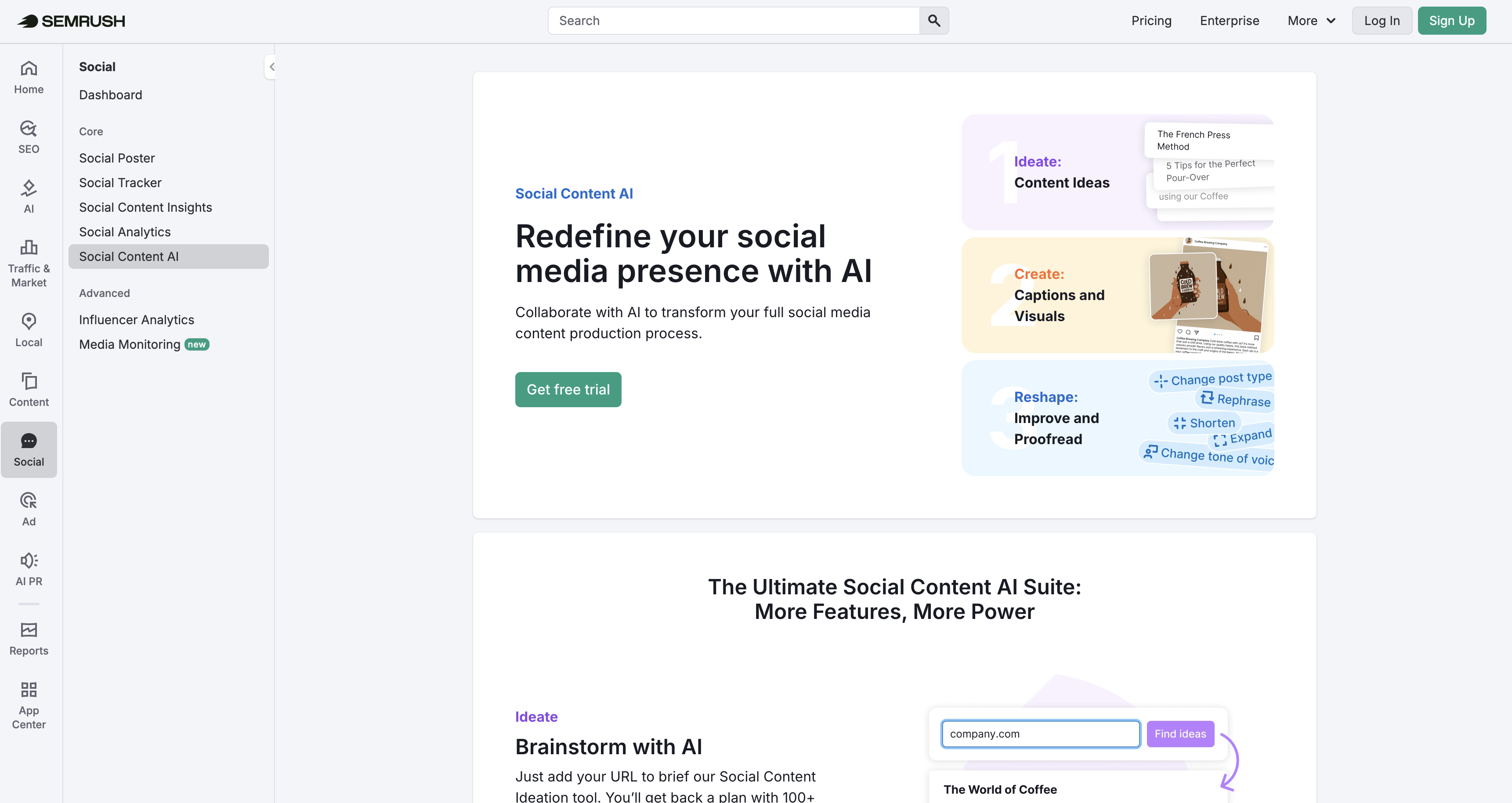Semrush | Social Content AI - Screenshot showing the interface and features of this AI tool