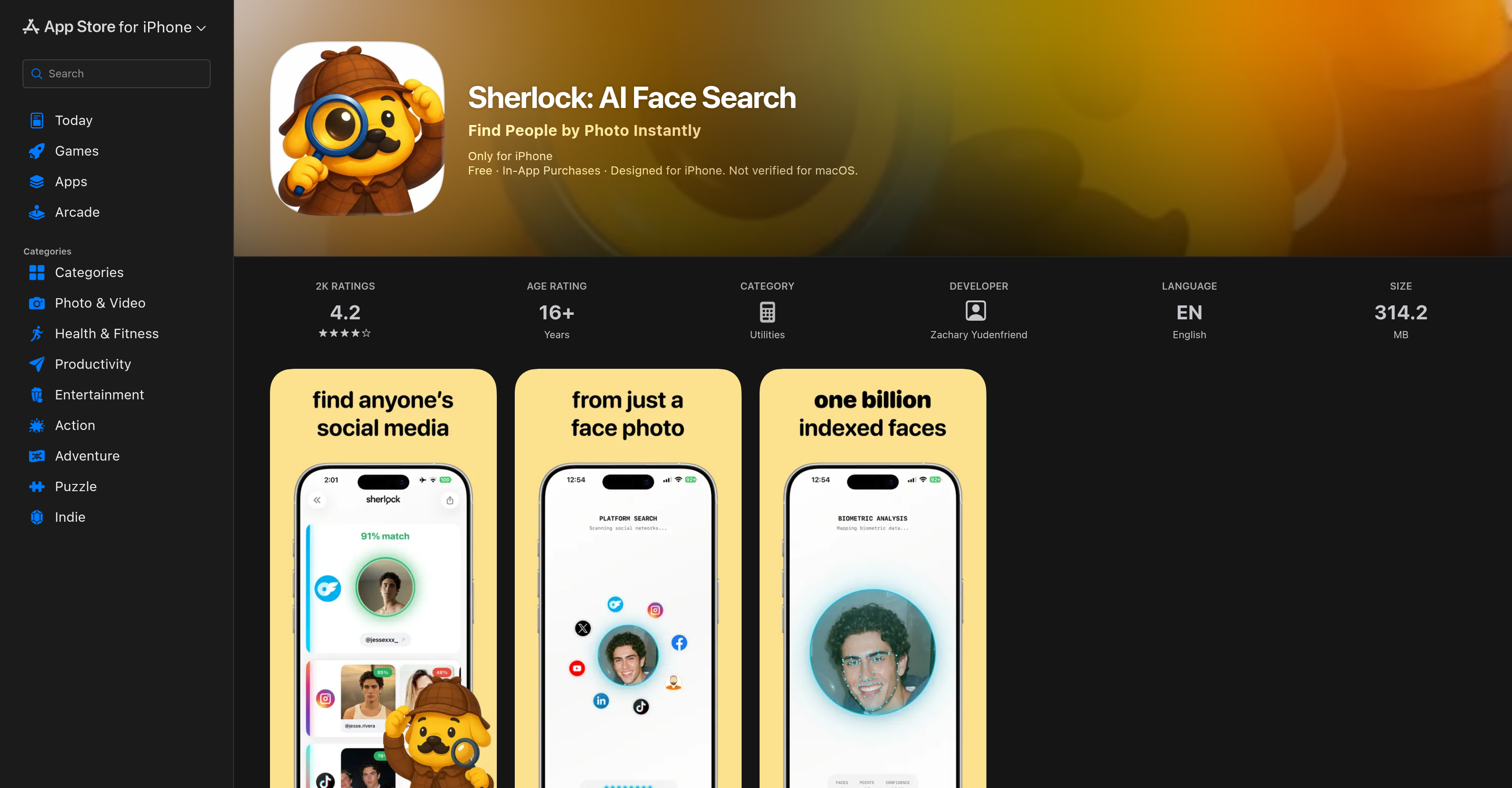 Sherlock: AI Face Search - Screenshot showing the interface and features of this AI tool