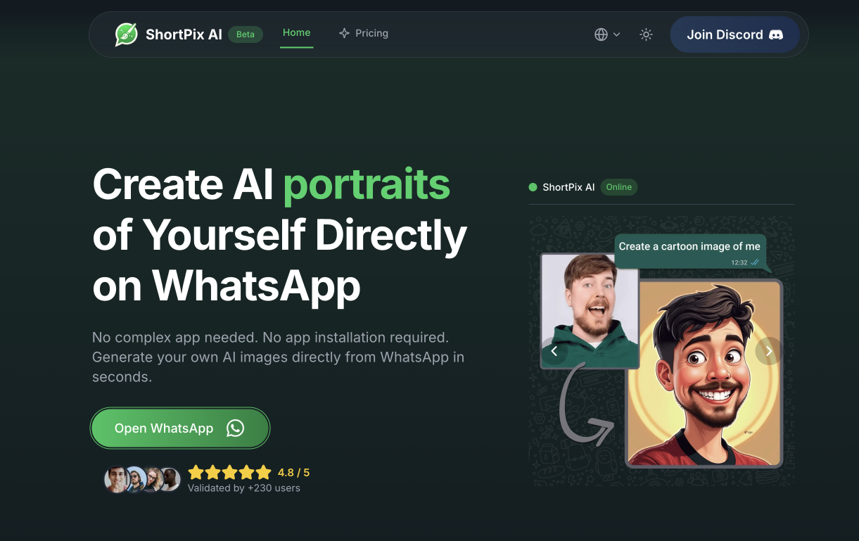 ShortPix AI: Your WhatsApp AI Artist - Screenshot showing the interface and features of this AI tool