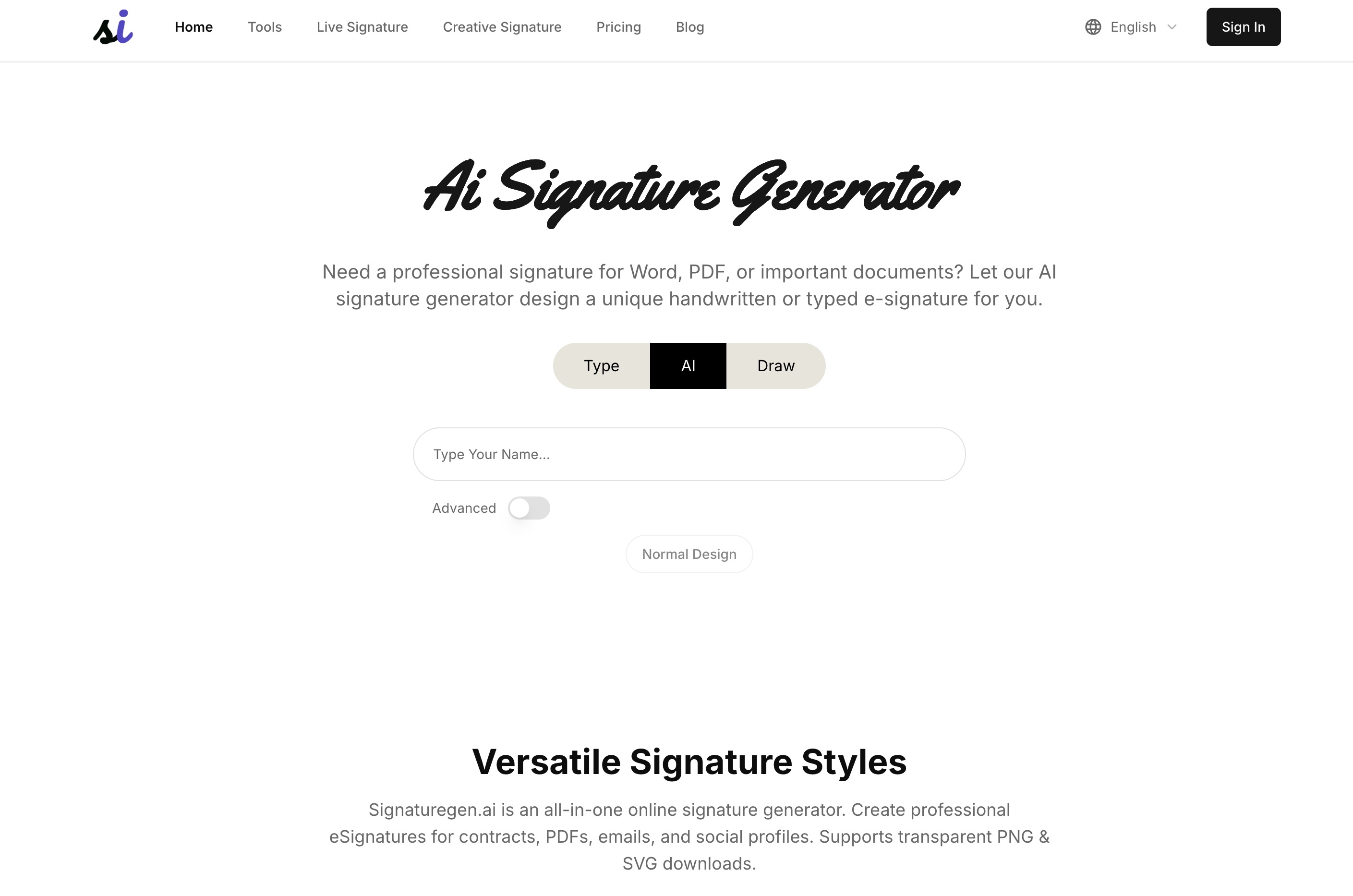 SignatureGen AI - Screenshot showing the interface and features of this AI tool