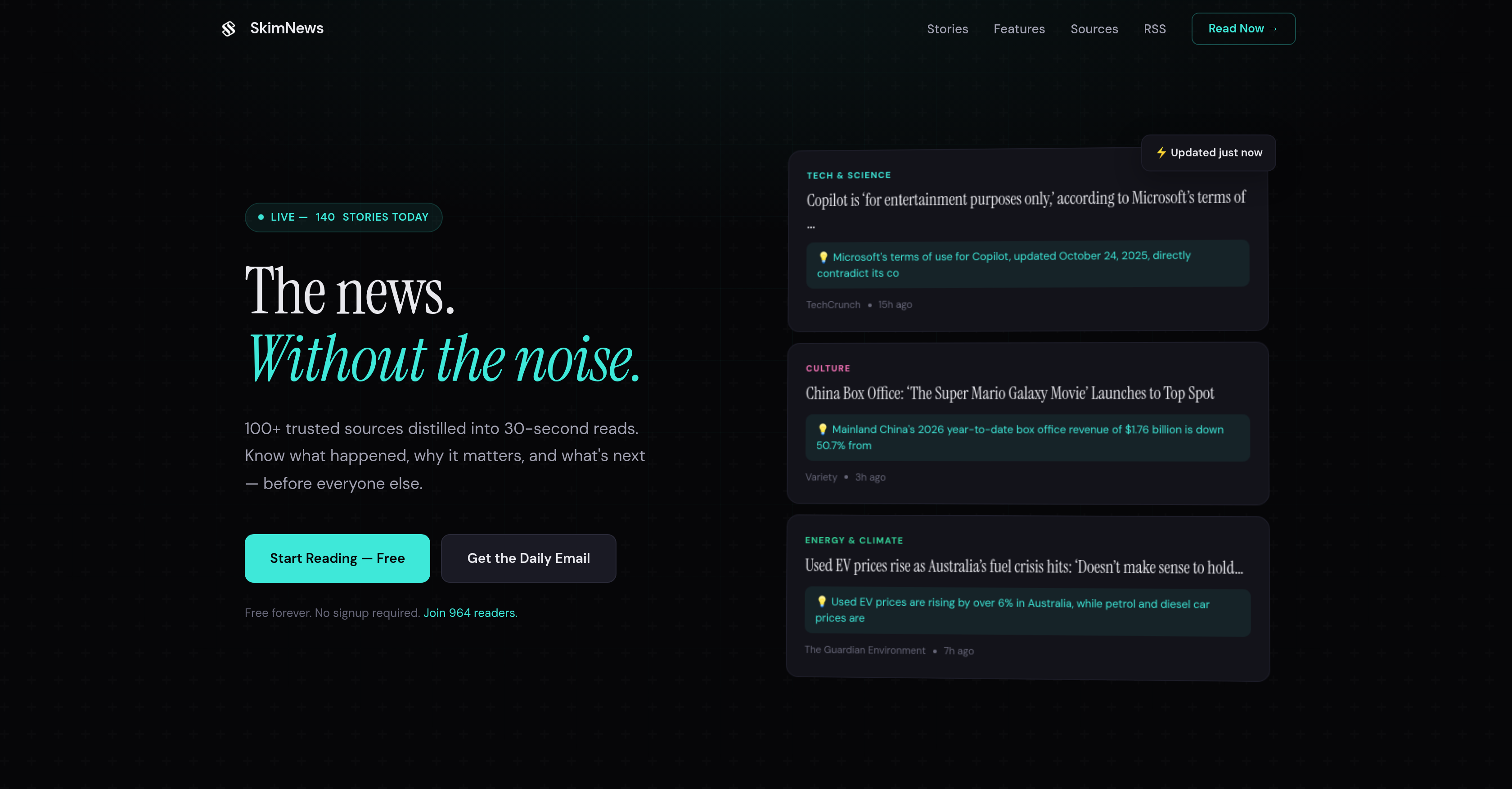 SkimNews - Screenshot showing the interface and features of this AI tool