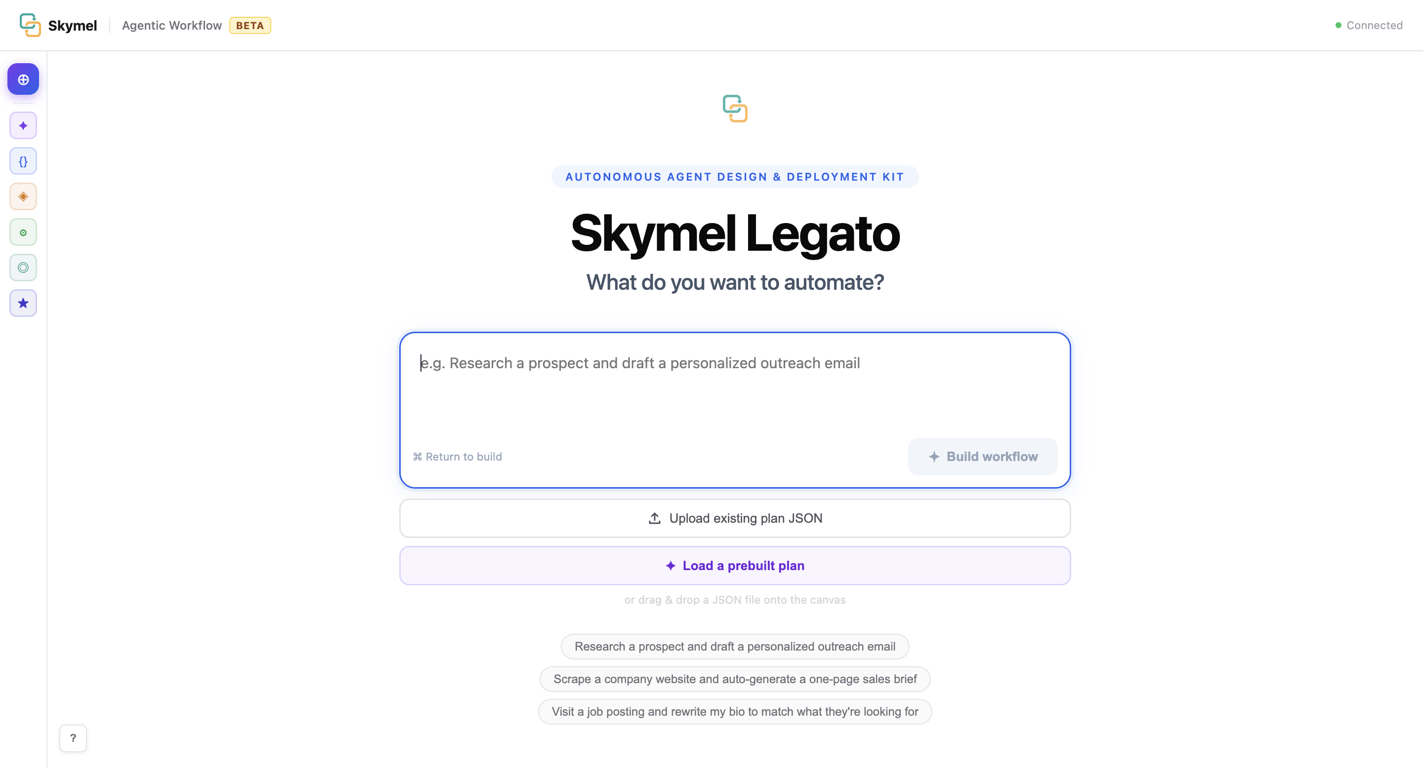 Skymel LEGATO - Autonomous Agent Design & Deployment ...1.0.0 - Screenshot showing the interface and features of this AI tool