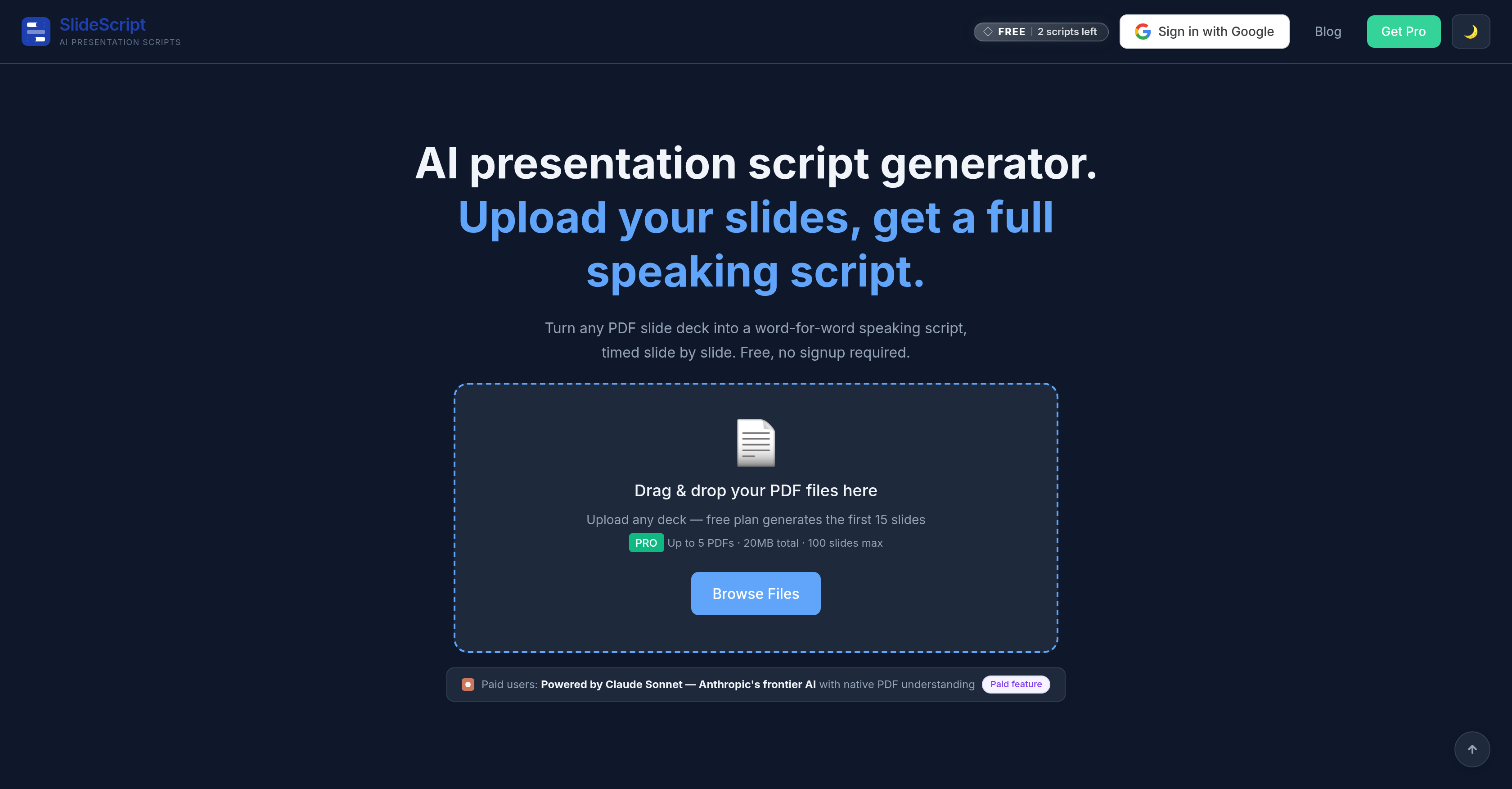 SlideScript - Screenshot showing the interface and features of this AI tool