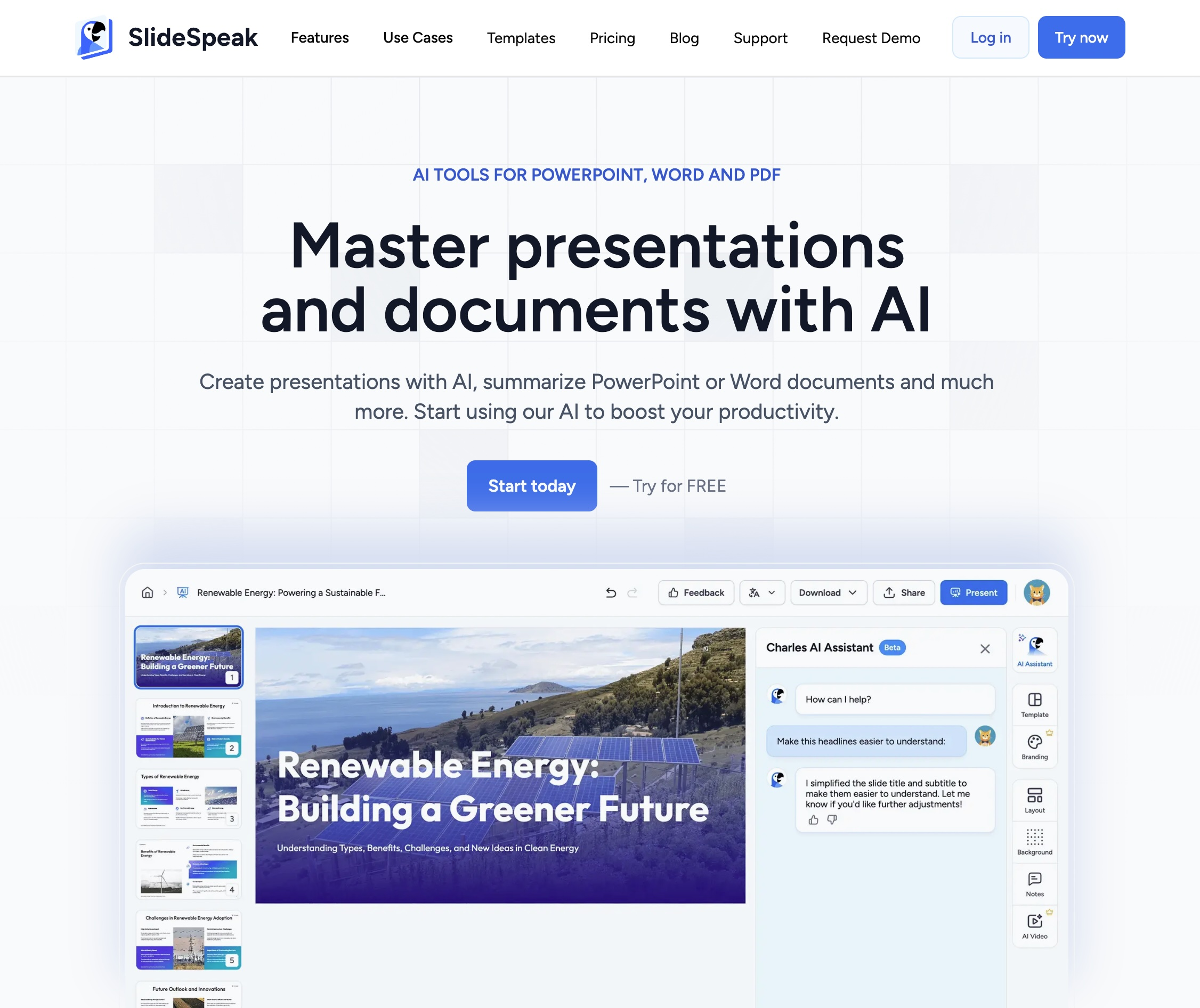 SlideSpeak - Screenshot showing the interface and features of this AI tool