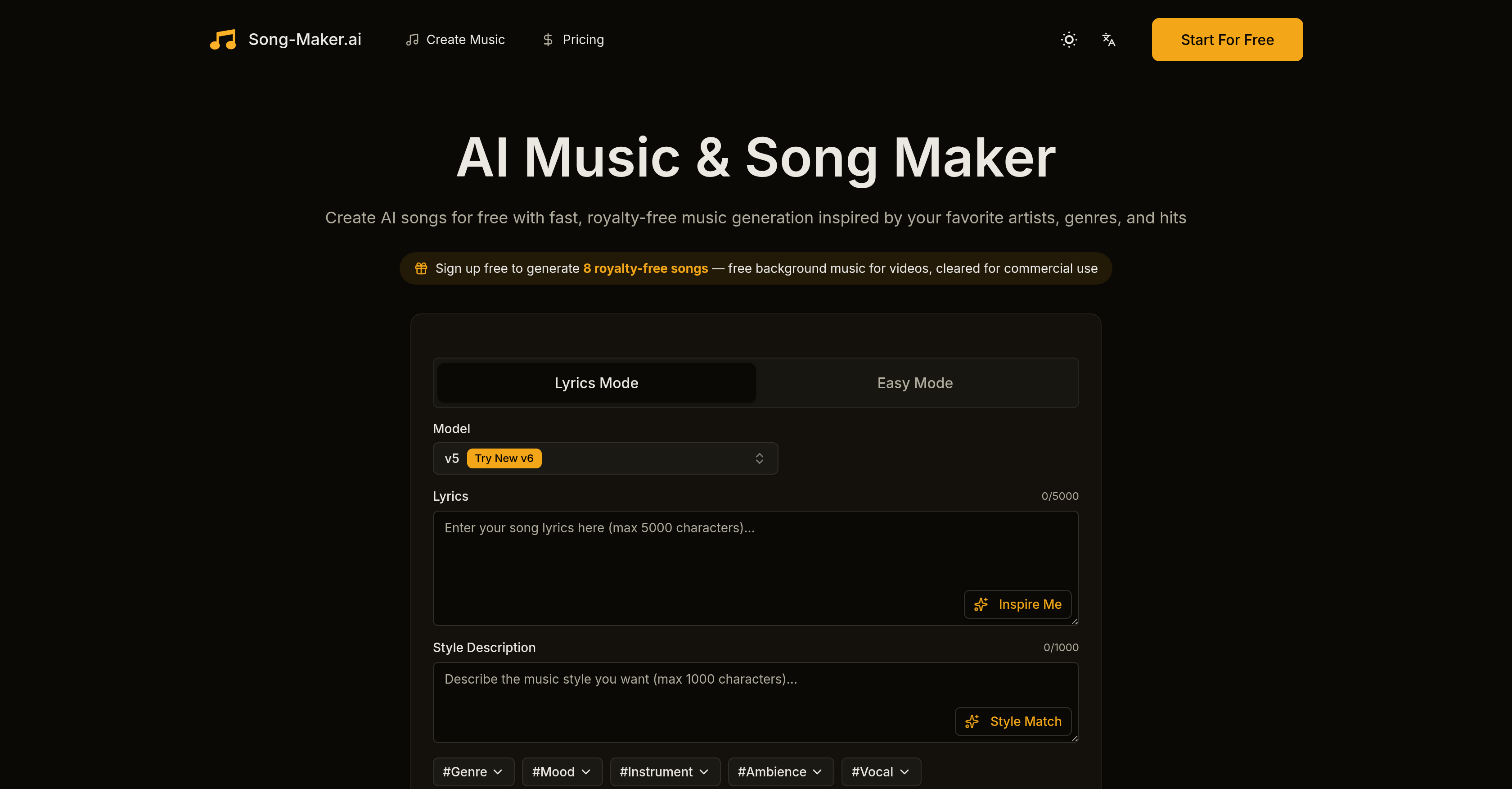 Song Maker AI - Screenshot showing the interface and features of this AI tool