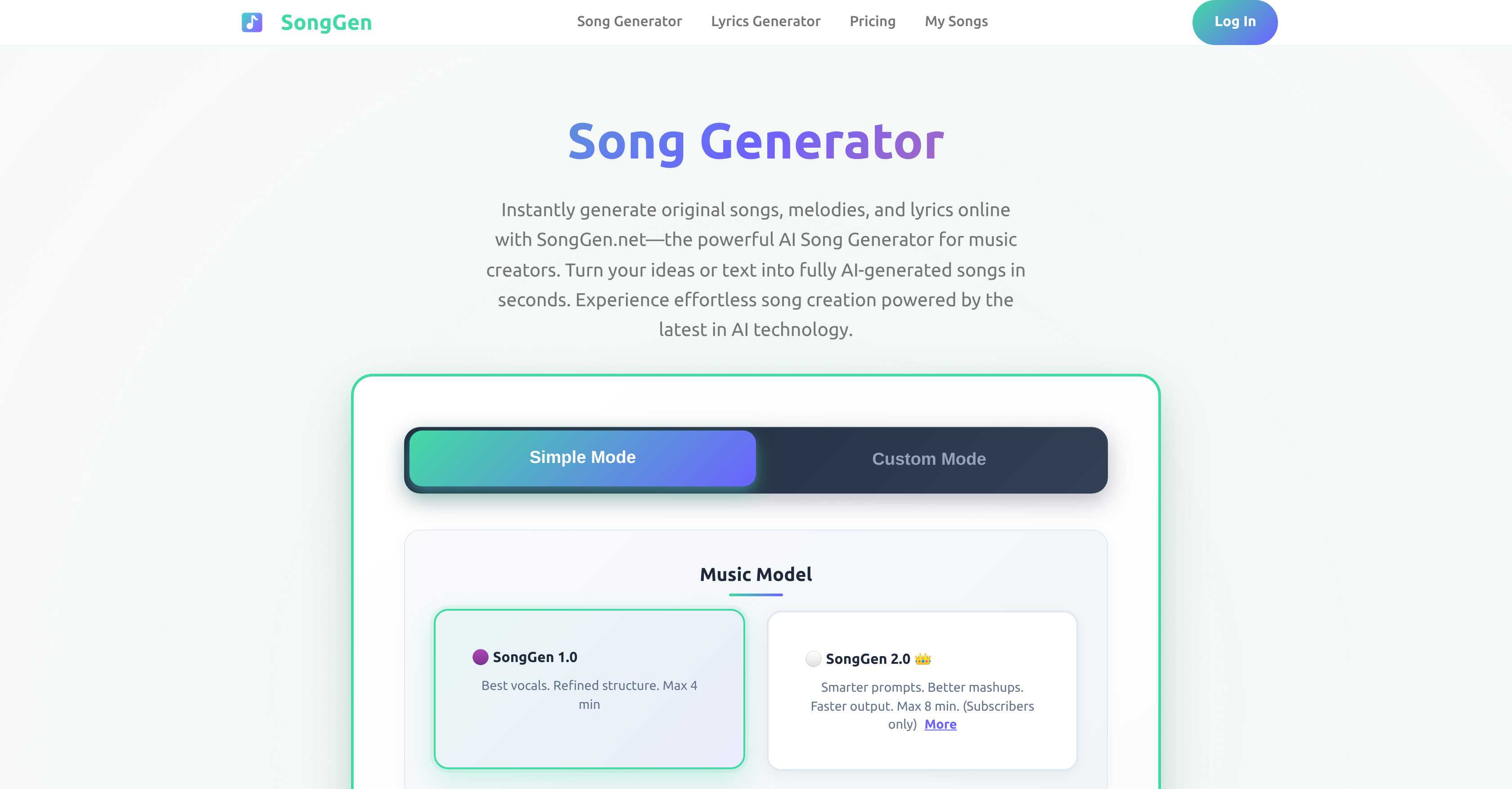 SongGen.net - Screenshot showing the interface and features of this AI tool