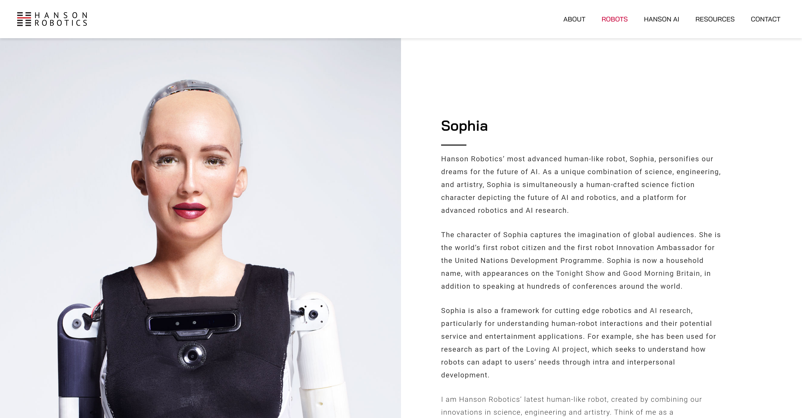 Sophia - Hanson Robotics - Screenshot showing the interface and features of this AI tool