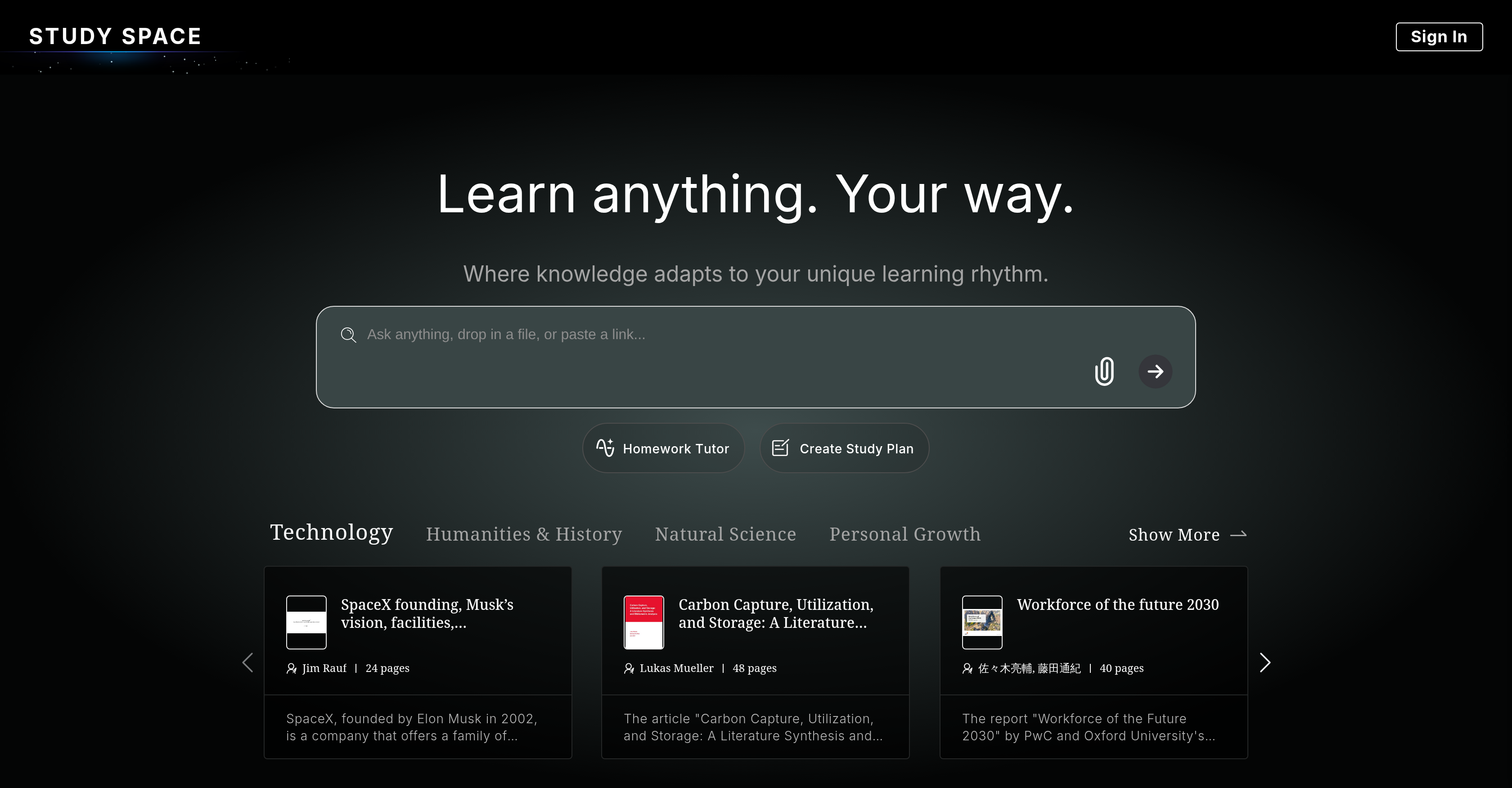 Study Space - Screenshot showing the interface and features of this AI tool