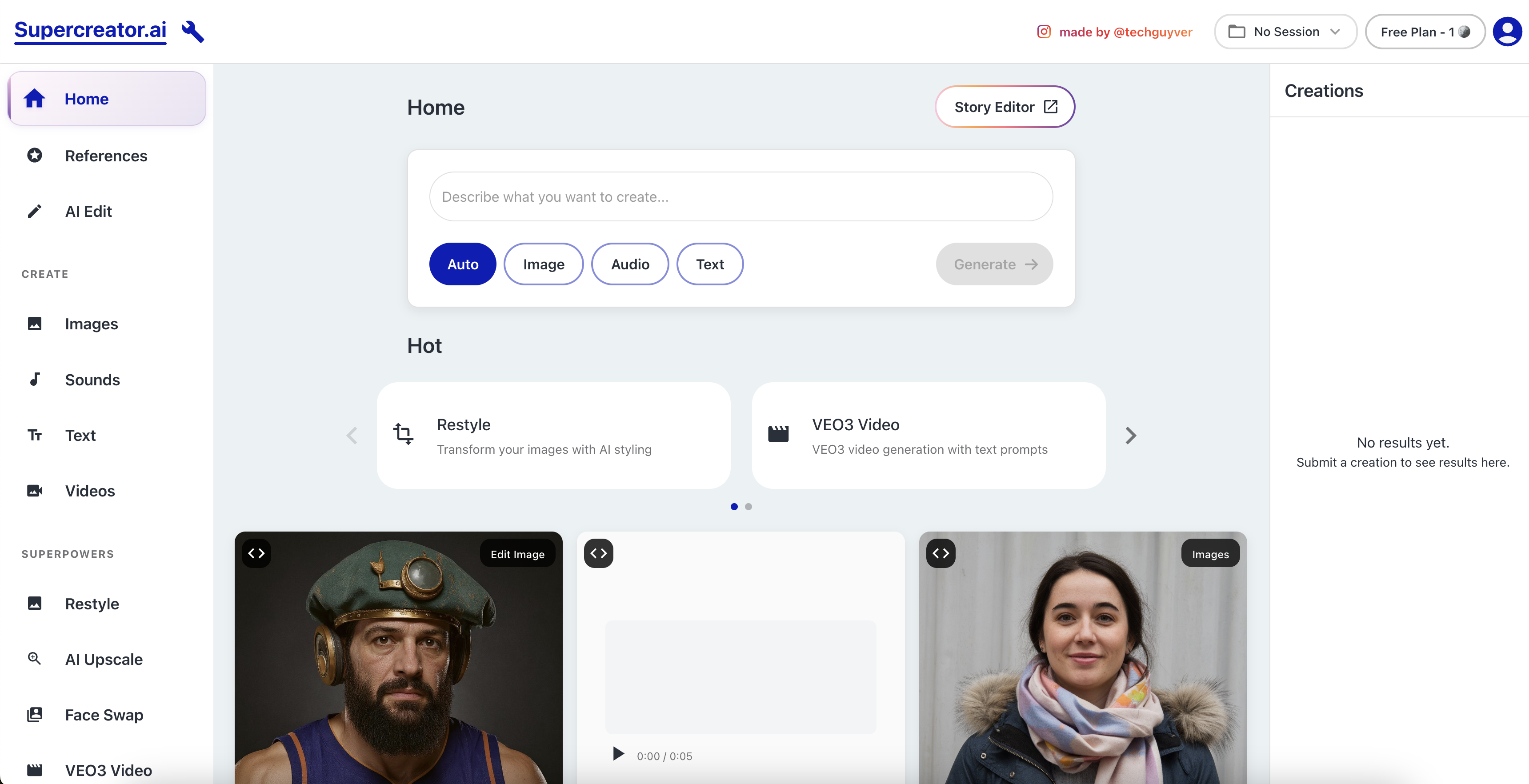 Supercreator - Screenshot showing the interface and features of this AI tool