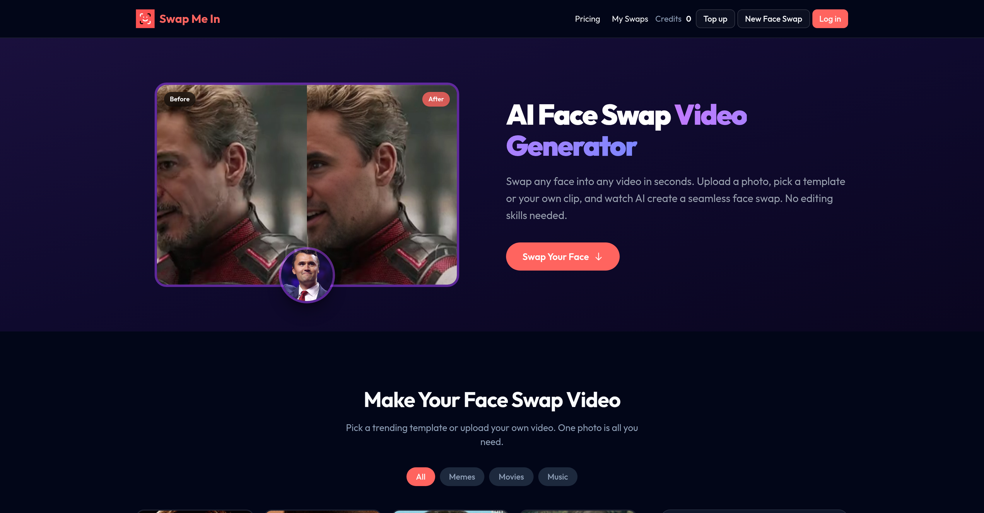 Swap Me In - Screenshot showing the interface and features of this AI tool