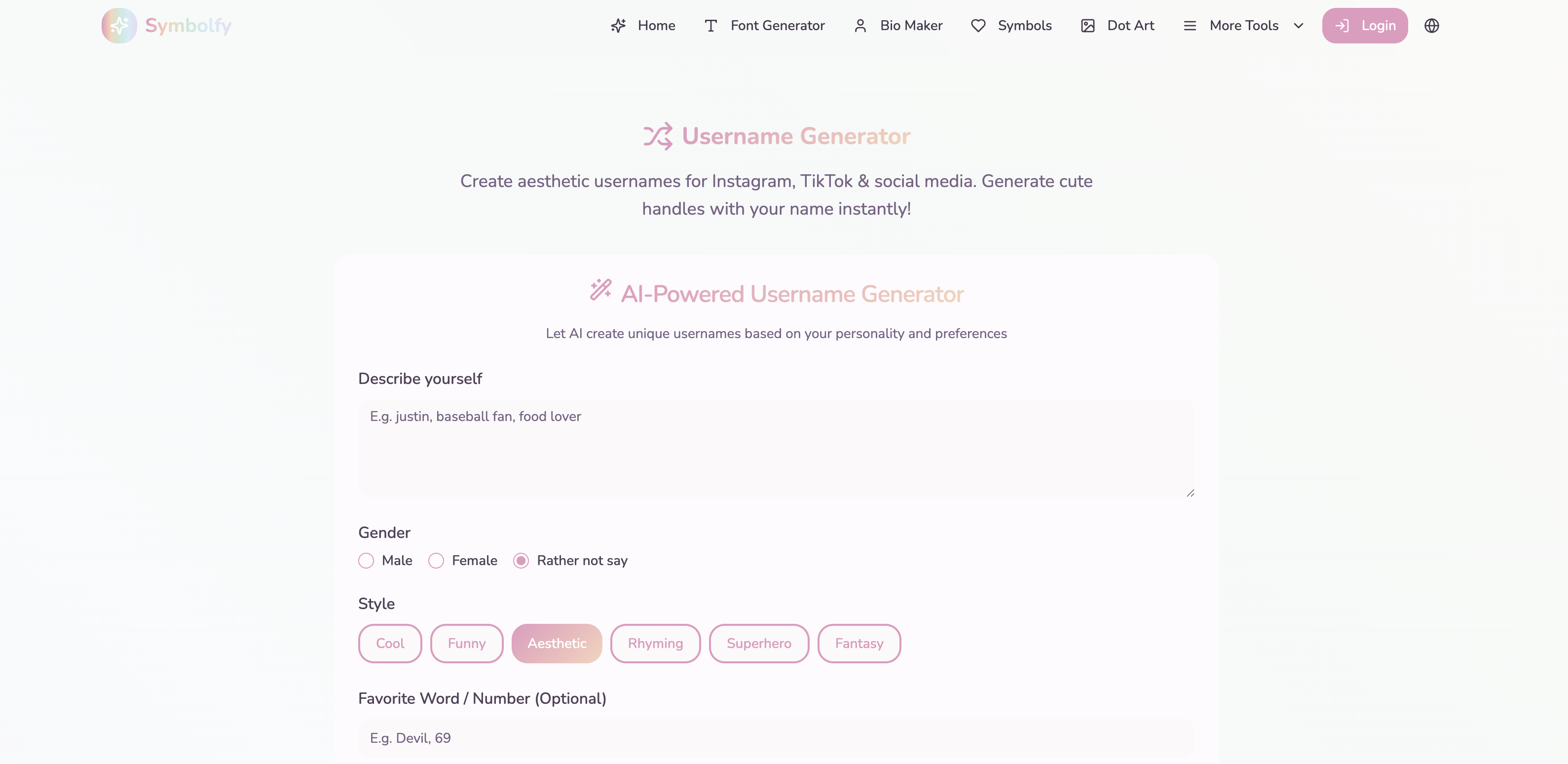 Symbolfy - Username Generator - Screenshot showing the interface and features of this AI tool
