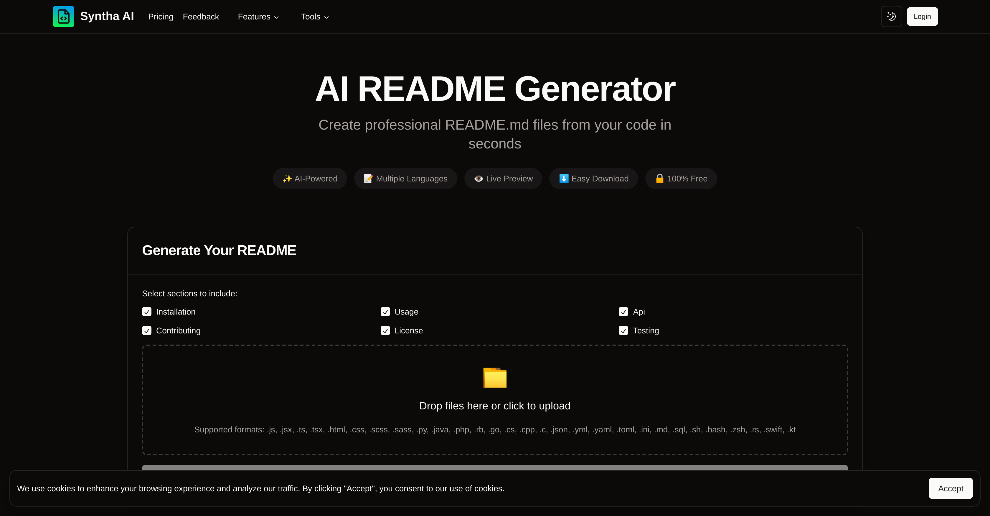 Syntha AI README Generator - Screenshot showing the interface and features of this AI tool