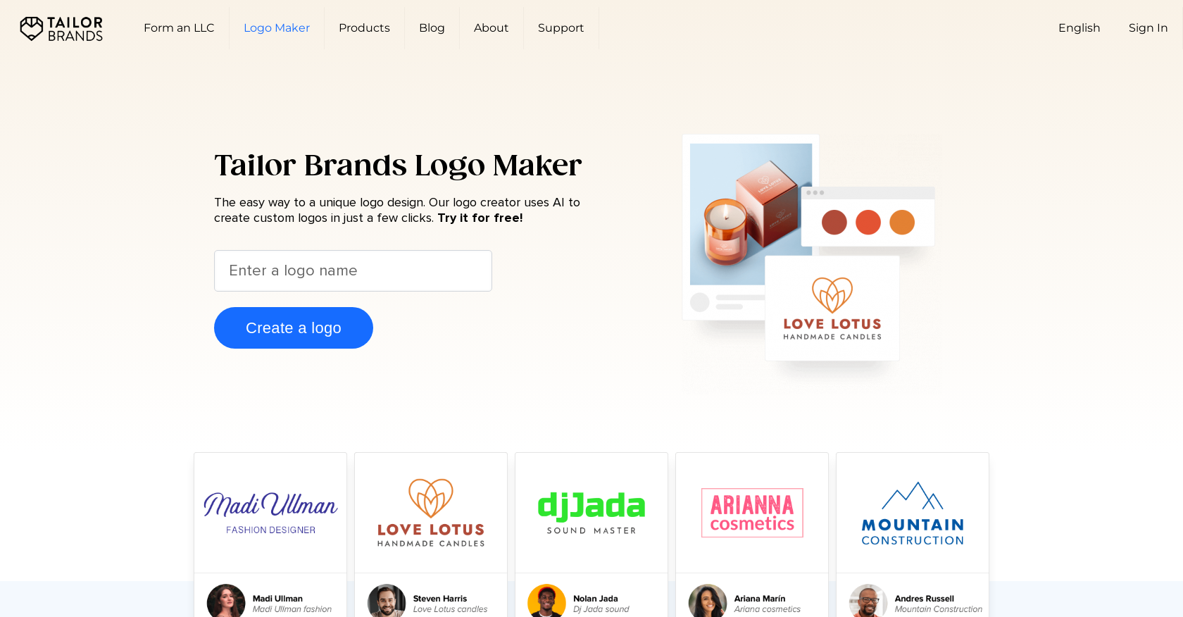 Tailor Brands - Screenshot showing the interface and features of this AI tool
