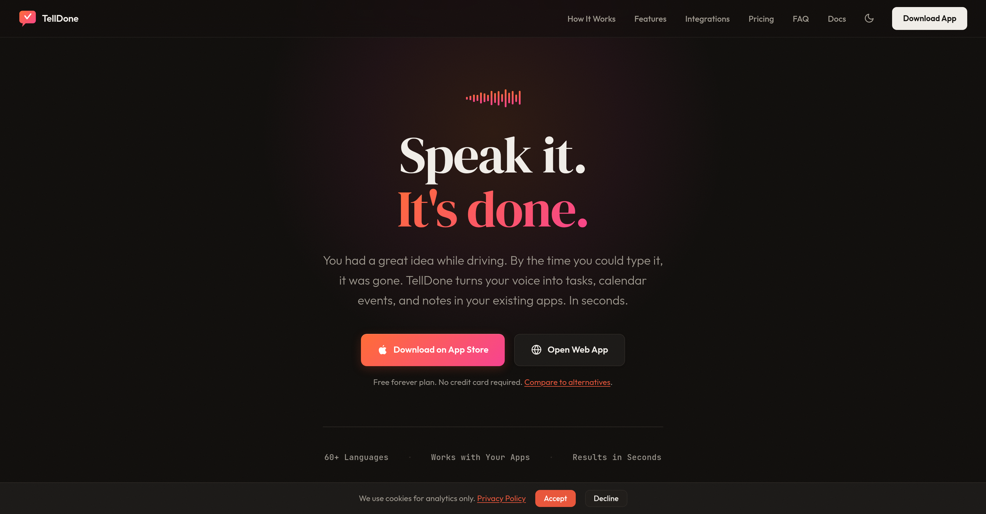 TellDone - Screenshot showing the interface and features of this AI tool