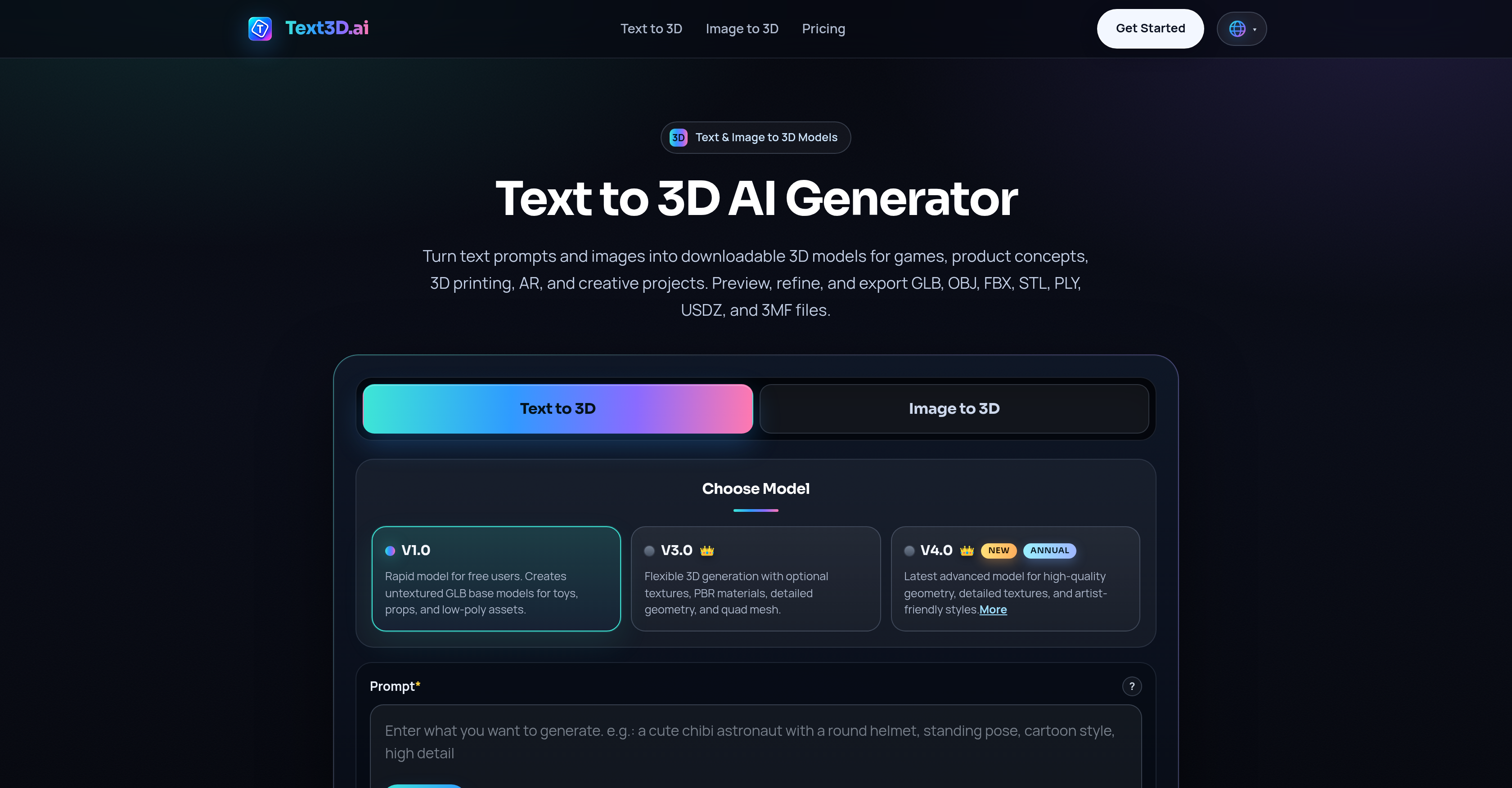 Text3D.ai - Screenshot showing the interface and features of this AI tool