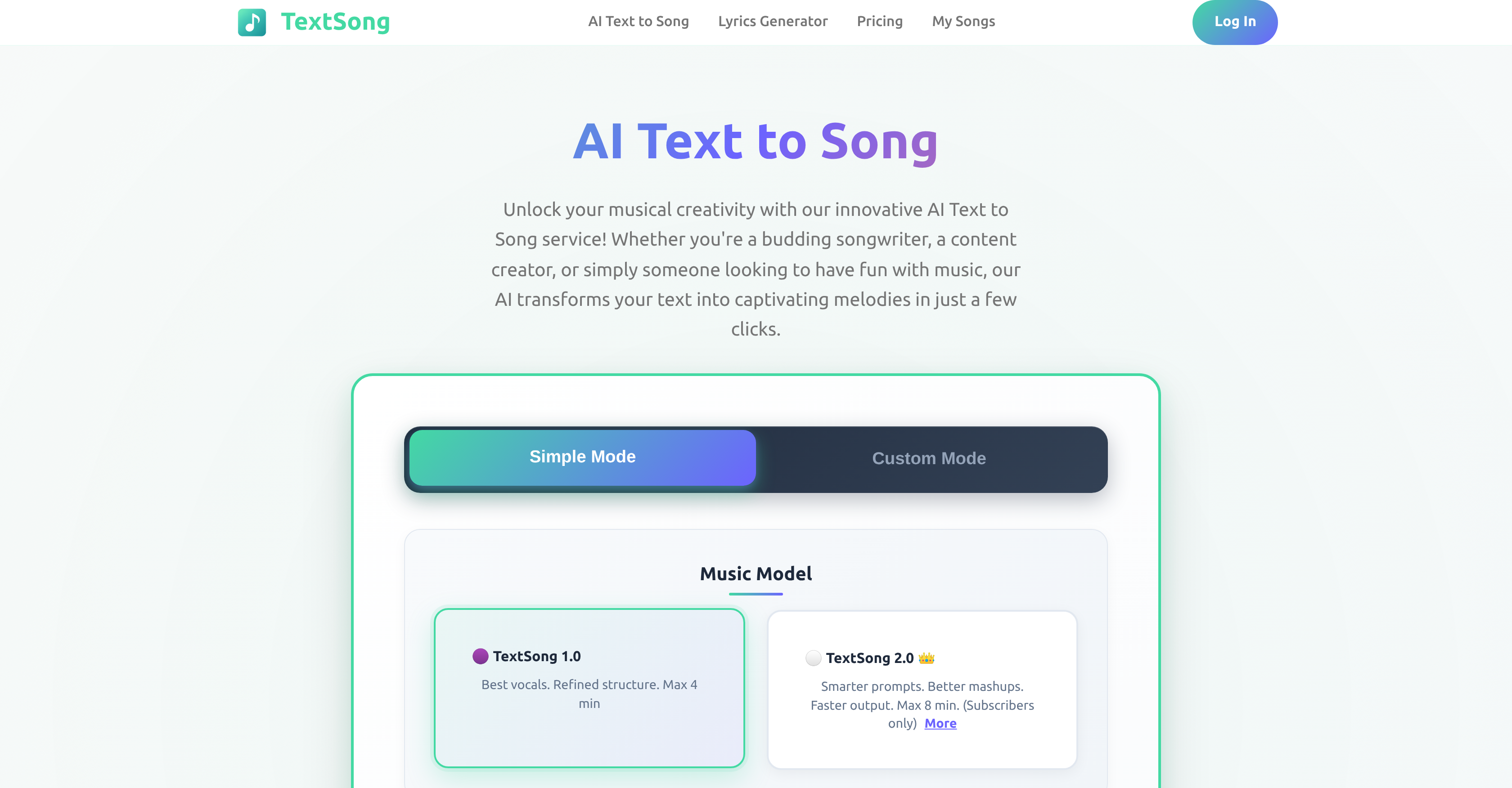 TextSong.net - Screenshot showing the interface and features of this AI tool