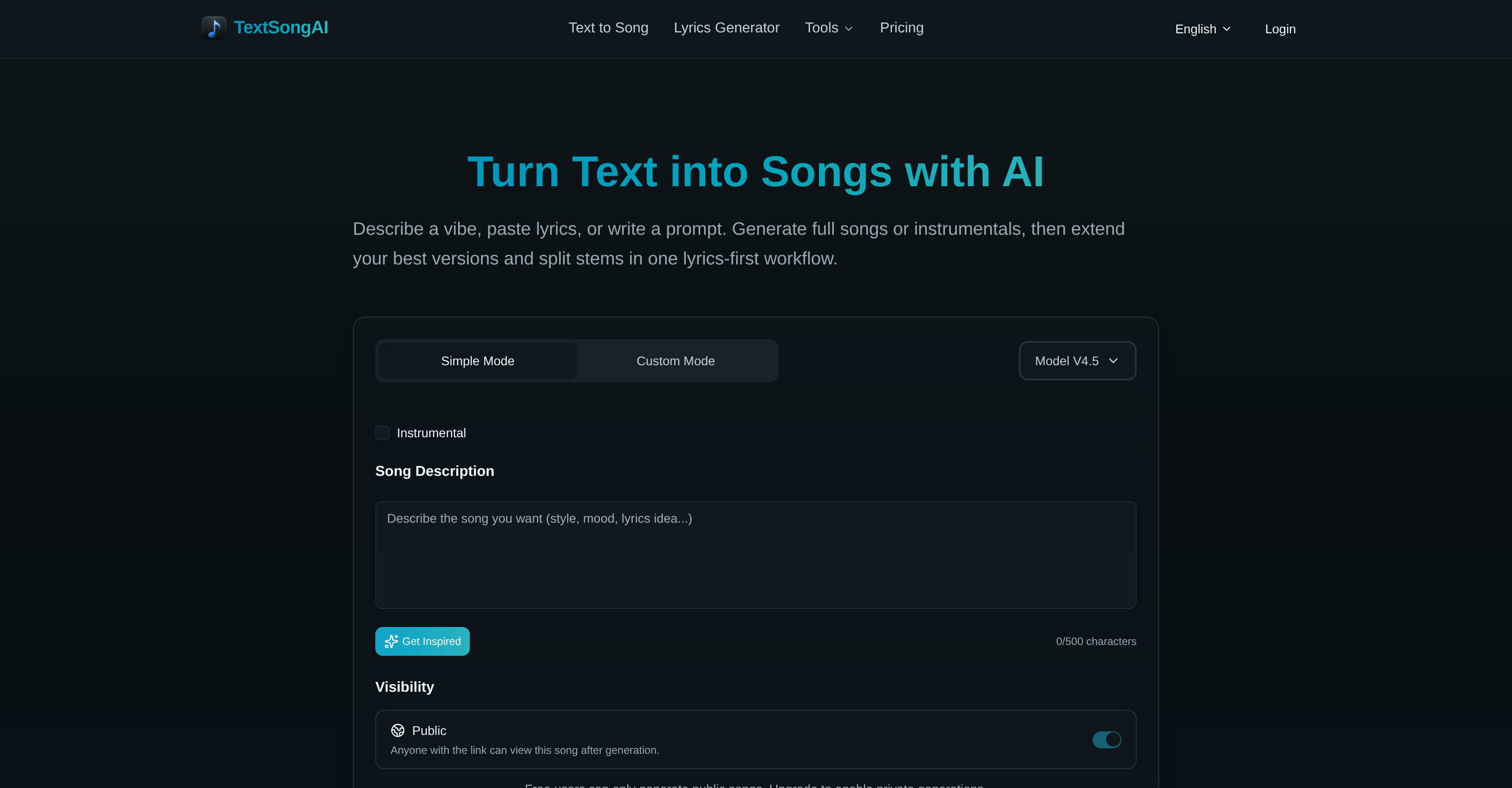 TextSongAI.com - Screenshot showing the interface and features of this AI tool