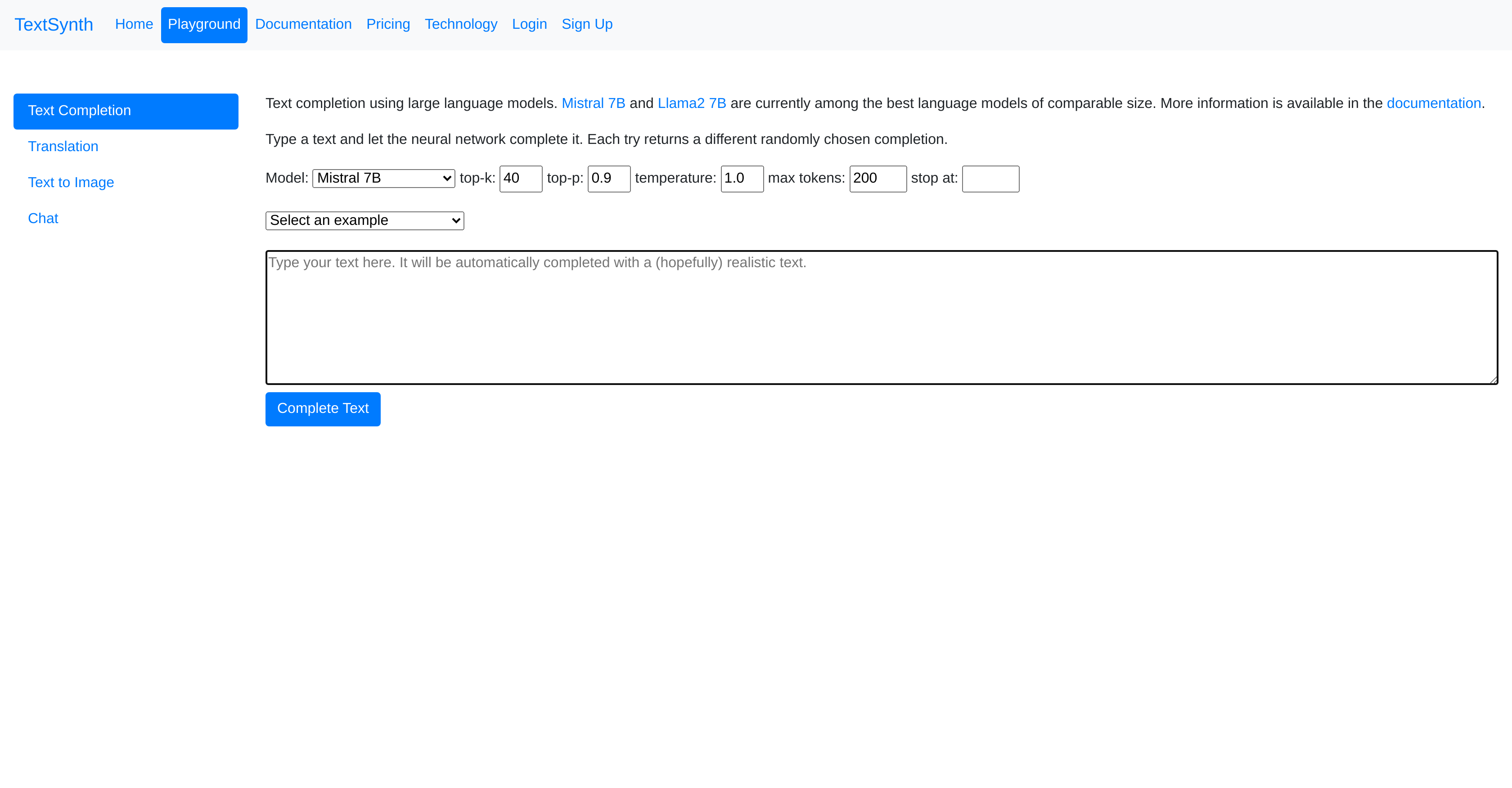 TextSynth Text Completion - Screenshot showing the interface and features of this AI tool