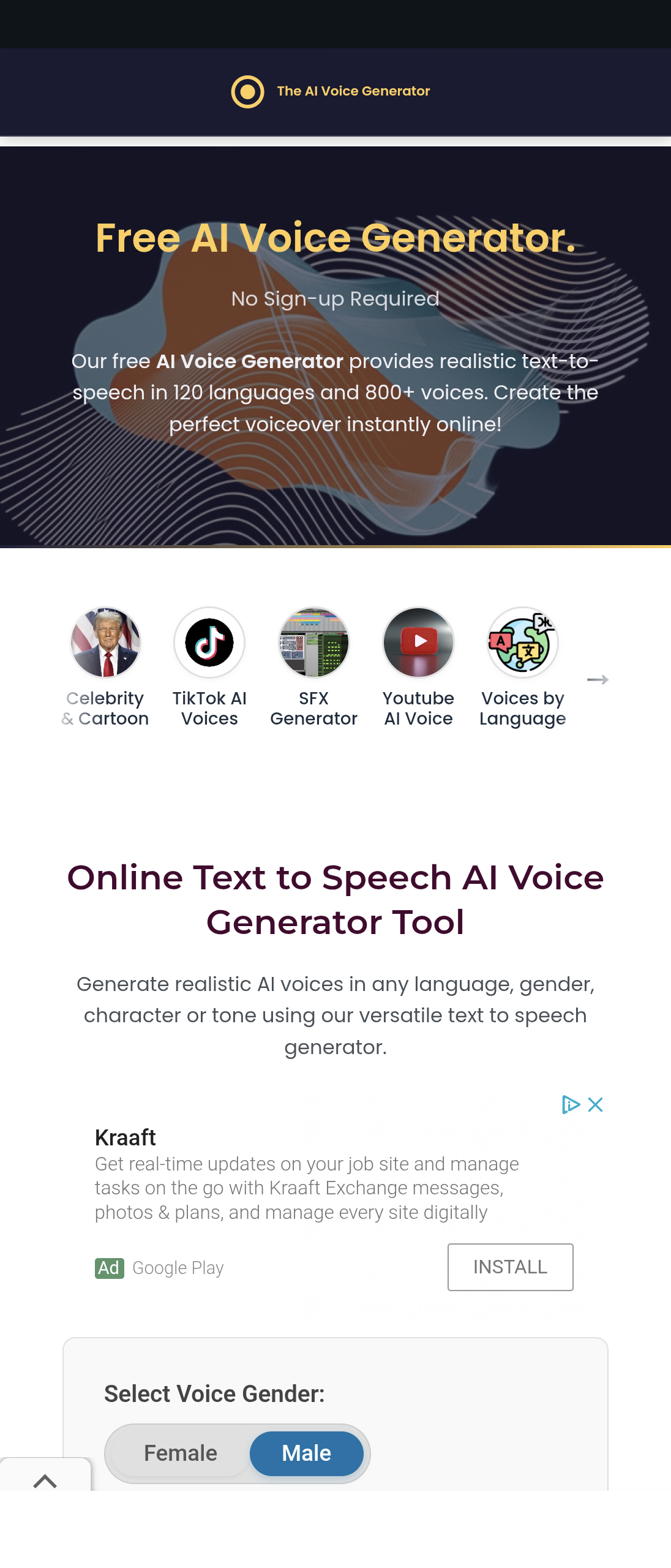 The AI Voice Generator - Screenshot showing the interface and features of this AI tool