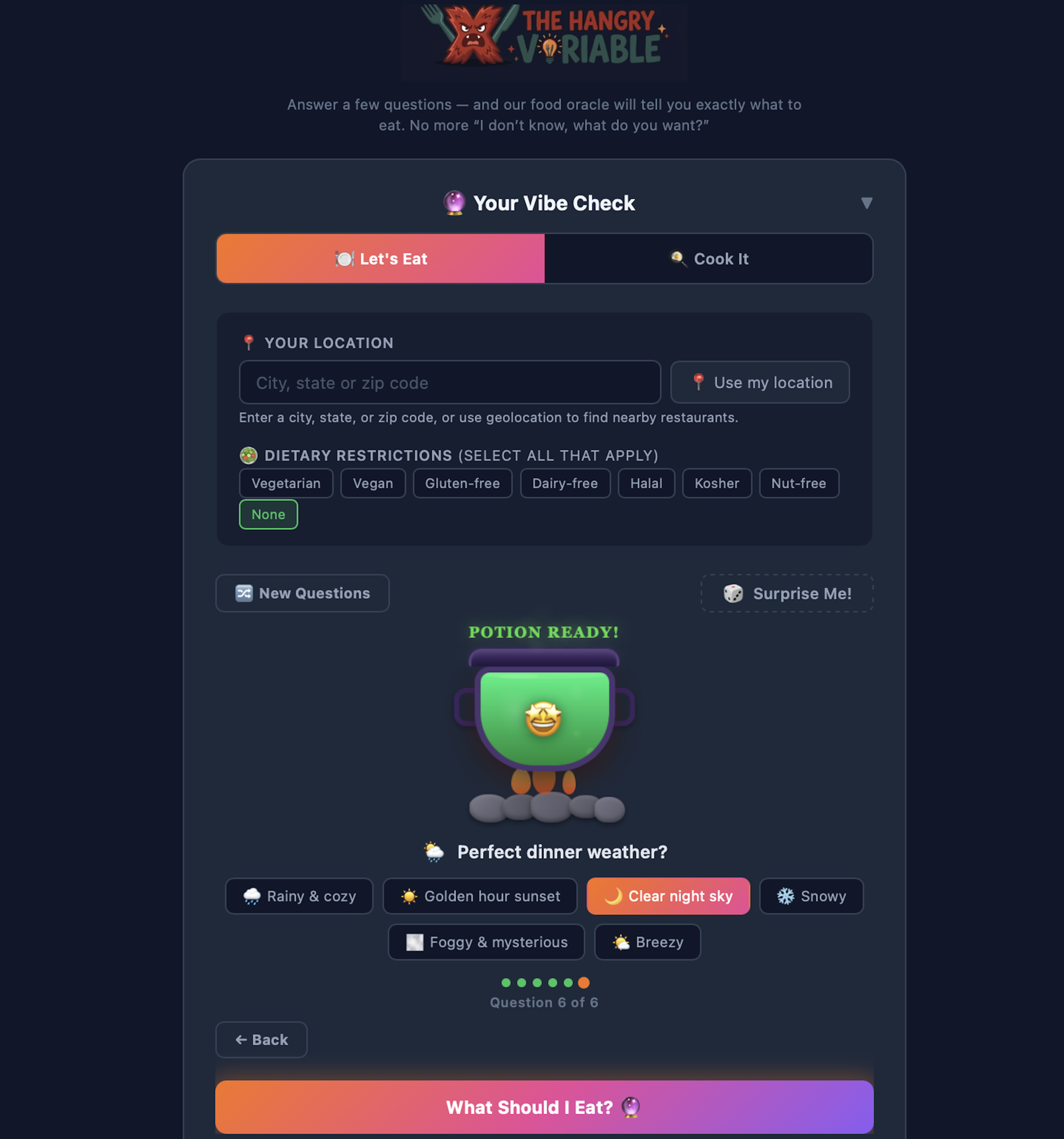 The Hangry Variable - Screenshot showing the interface and features of this AI tool