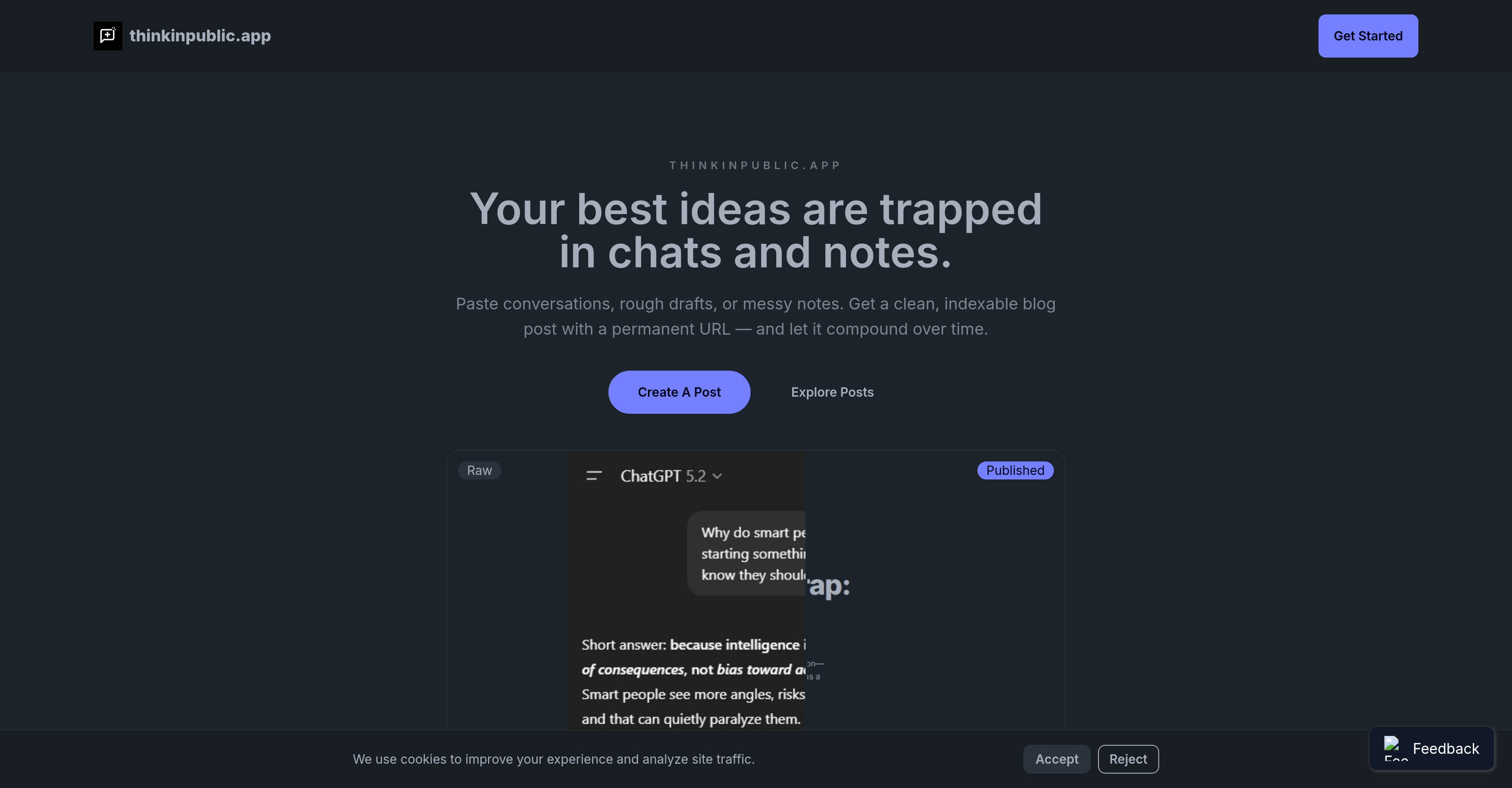 ThinkInPublic - Screenshot showing the interface and features of this AI tool