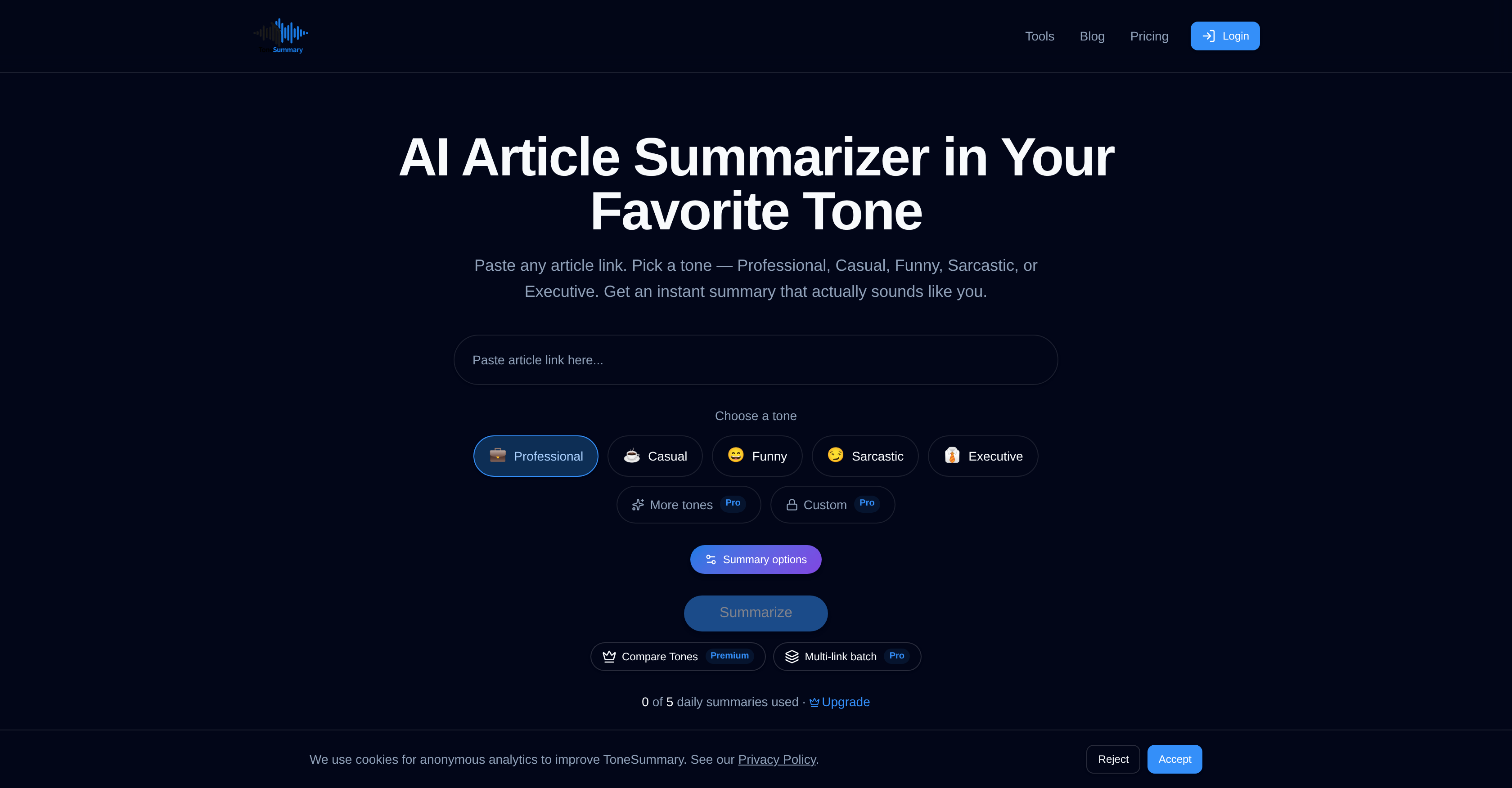 Tone Summary - Screenshot showing the interface and features of this AI tool