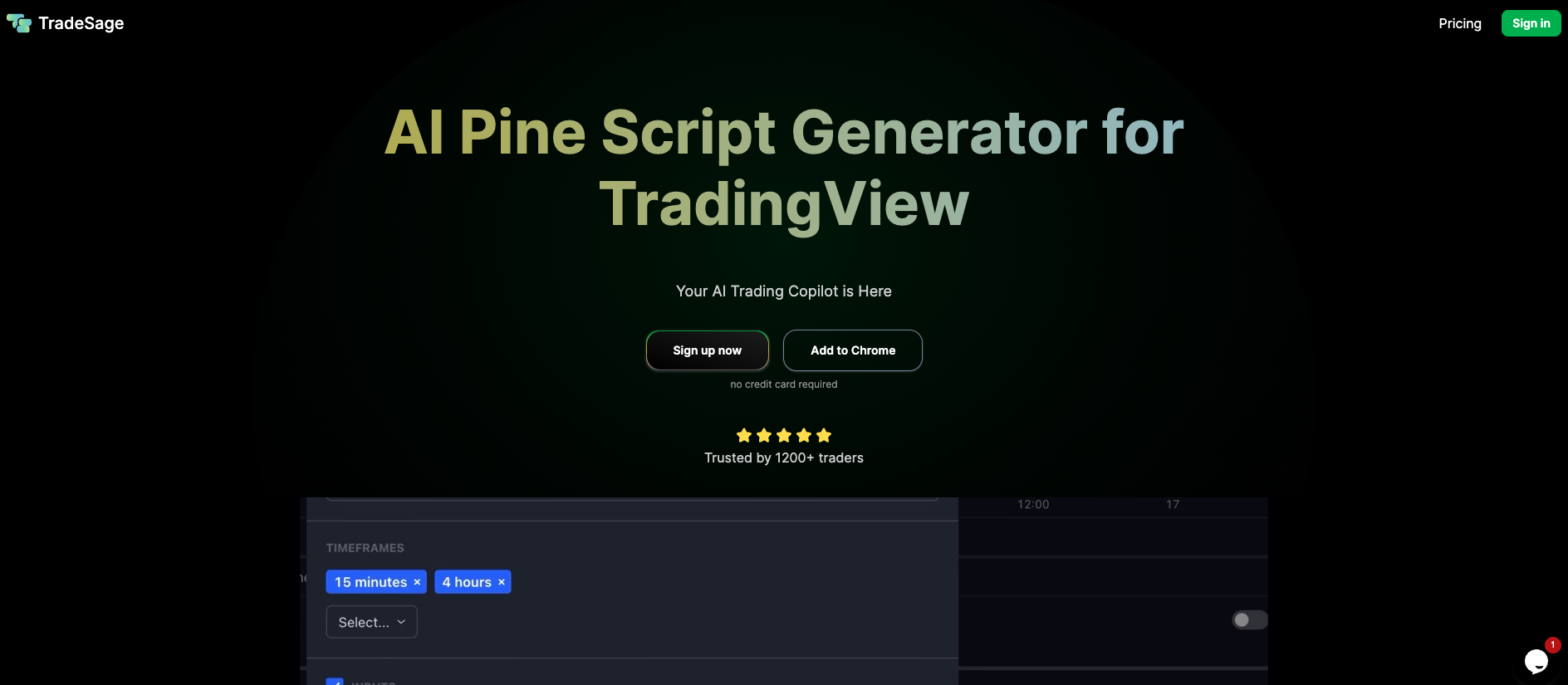 TradeSage - Pine Script Generator - Screenshot showing the interface and features of this AI tool