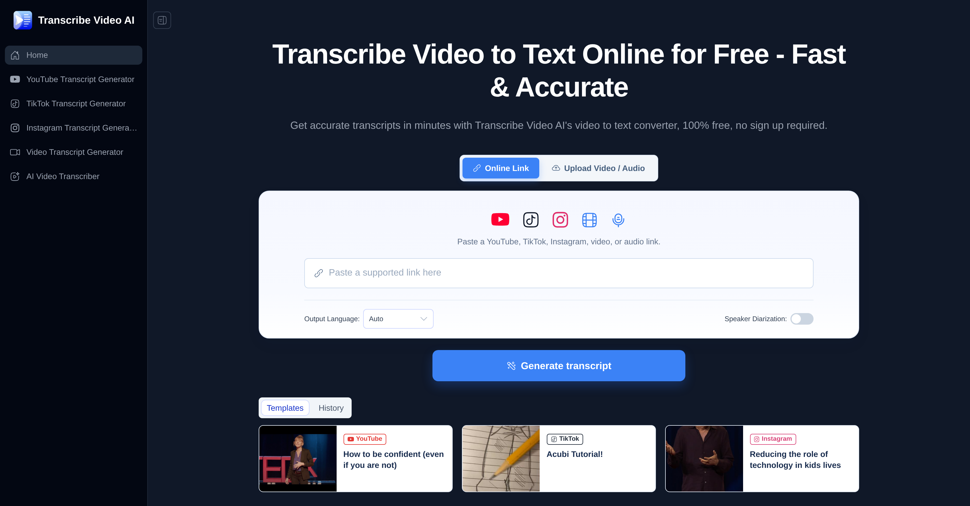 Transcribe Video AI - Screenshot showing the interface and features of this AI tool