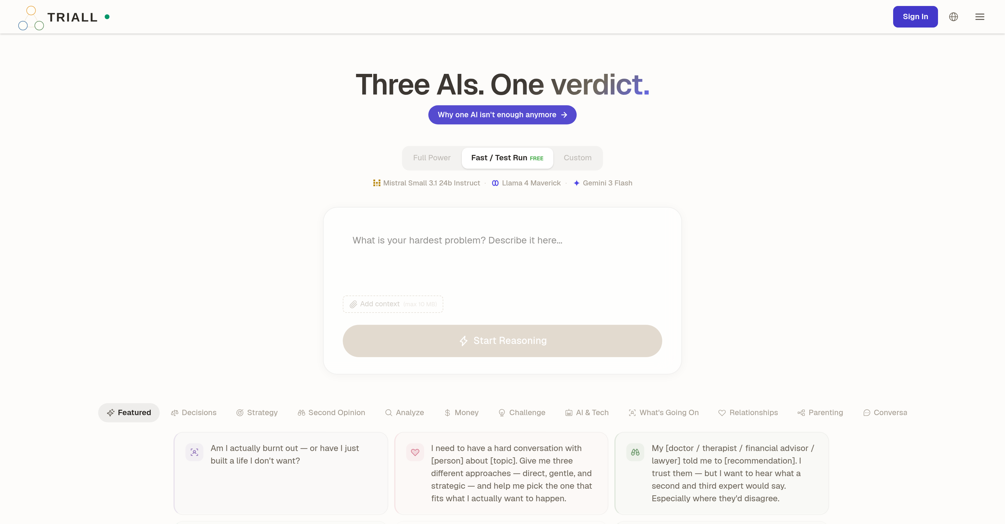 Triall - Screenshot showing the interface and features of this AI tool