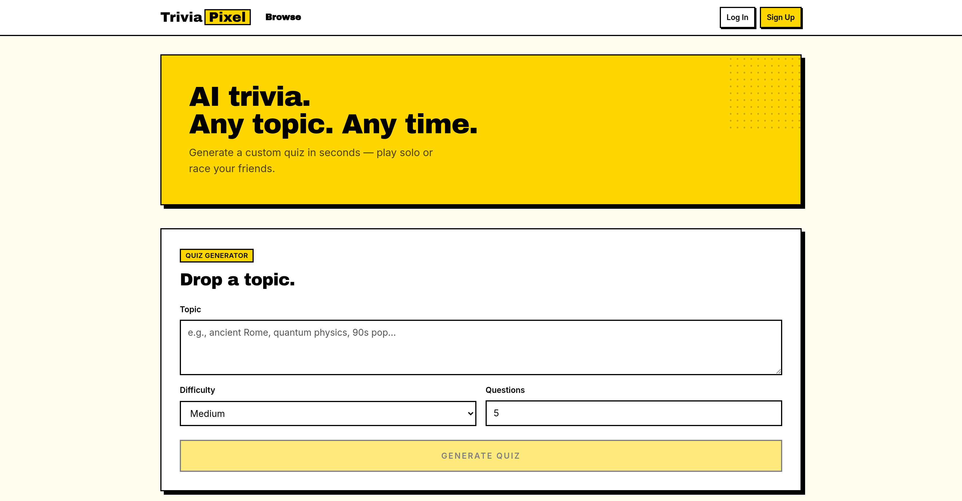 TriviaPixel - Screenshot showing the interface and features of this AI tool