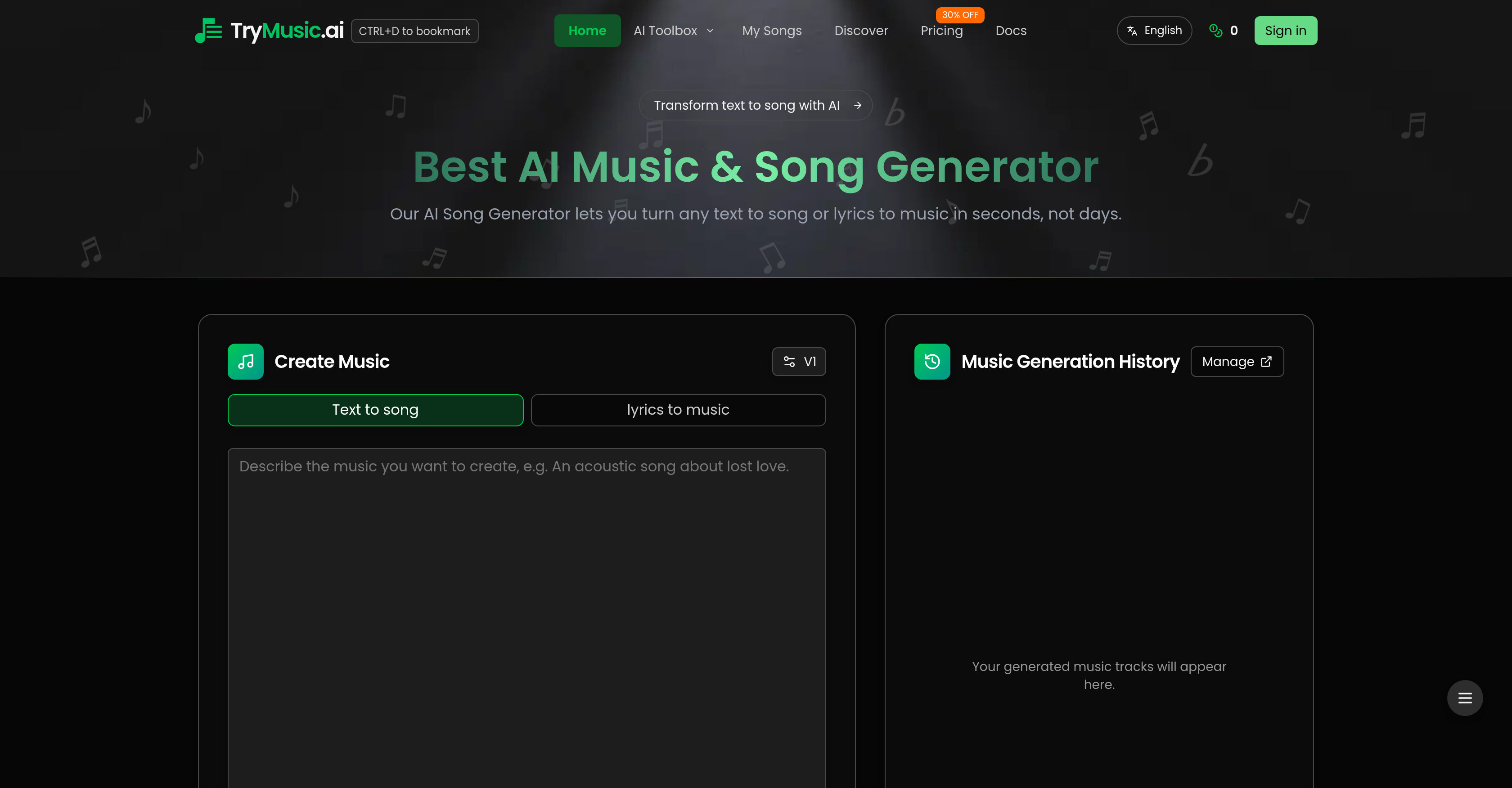 Trymusic AI Song Generator - Screenshot showing the interface and features of this AI tool