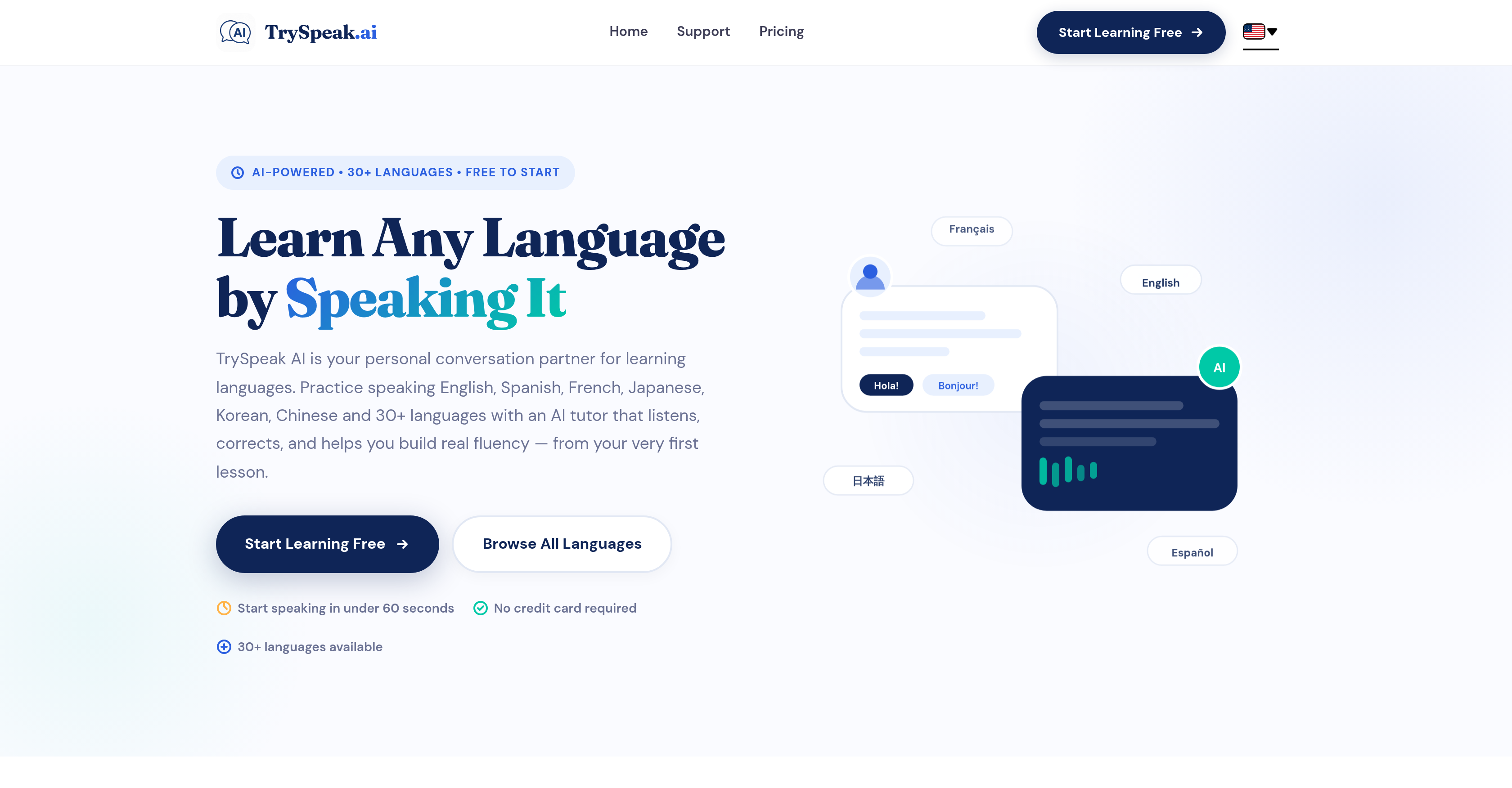 TrySpeak - Screenshot showing the interface and features of this AI tool