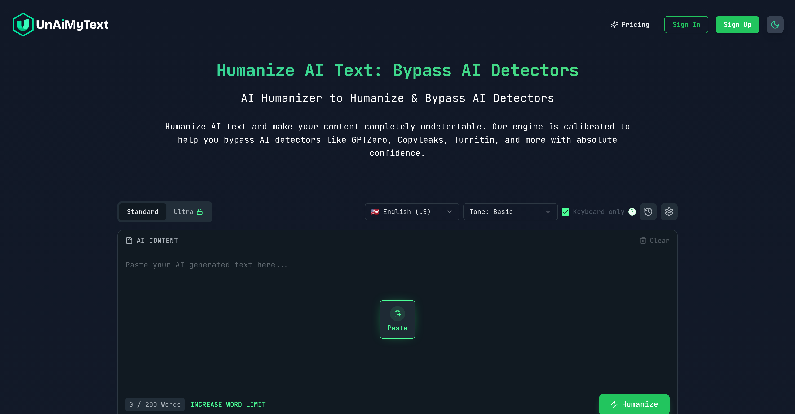 UnAIMyText - Screenshot showing the interface and features of this AI tool