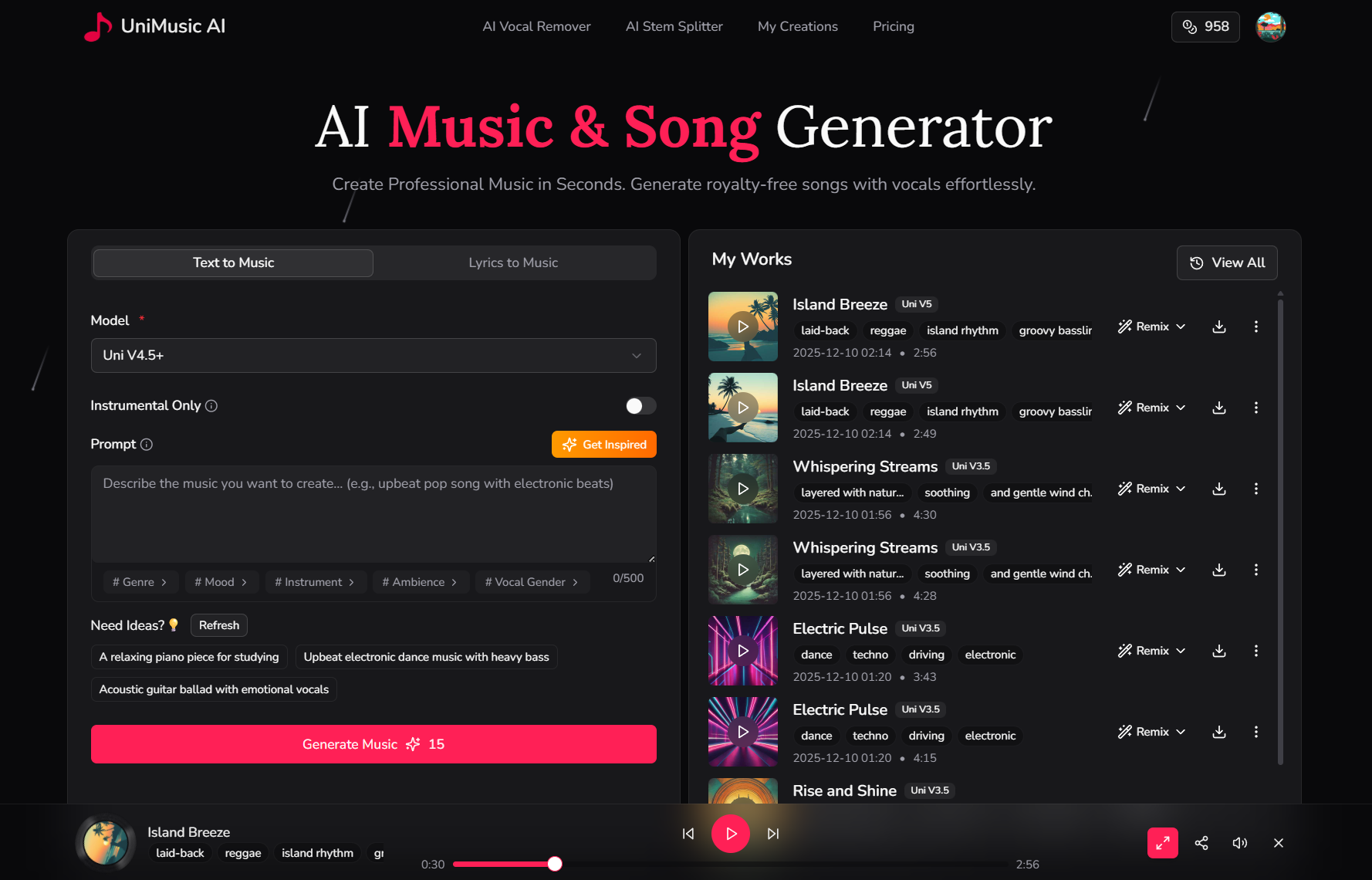UniMusic AI - Screenshot showing the interface and features of this AI tool