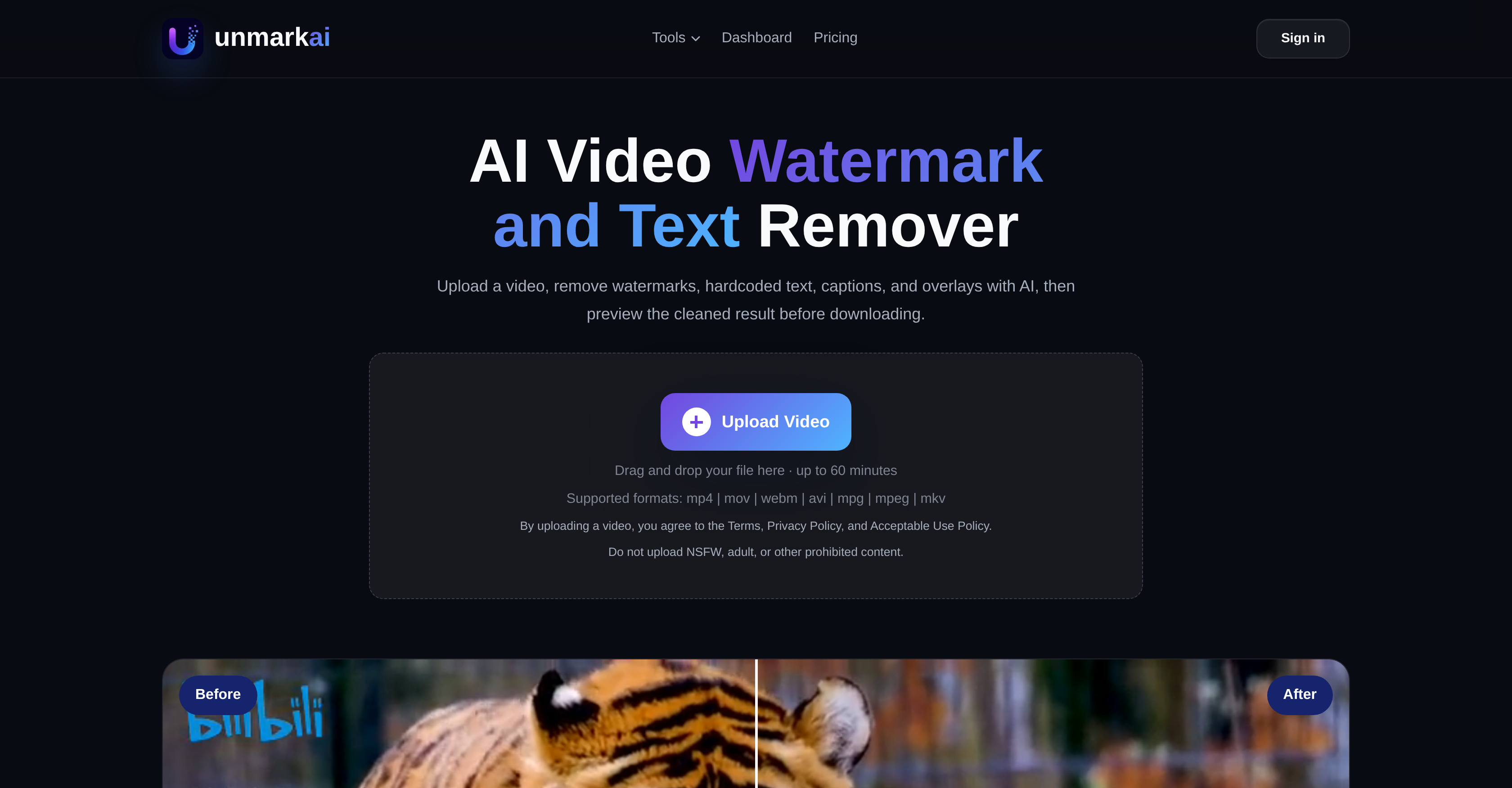 UnMarkAI - Video Text & Watermark Remover - Screenshot showing the interface and features of this AI tool