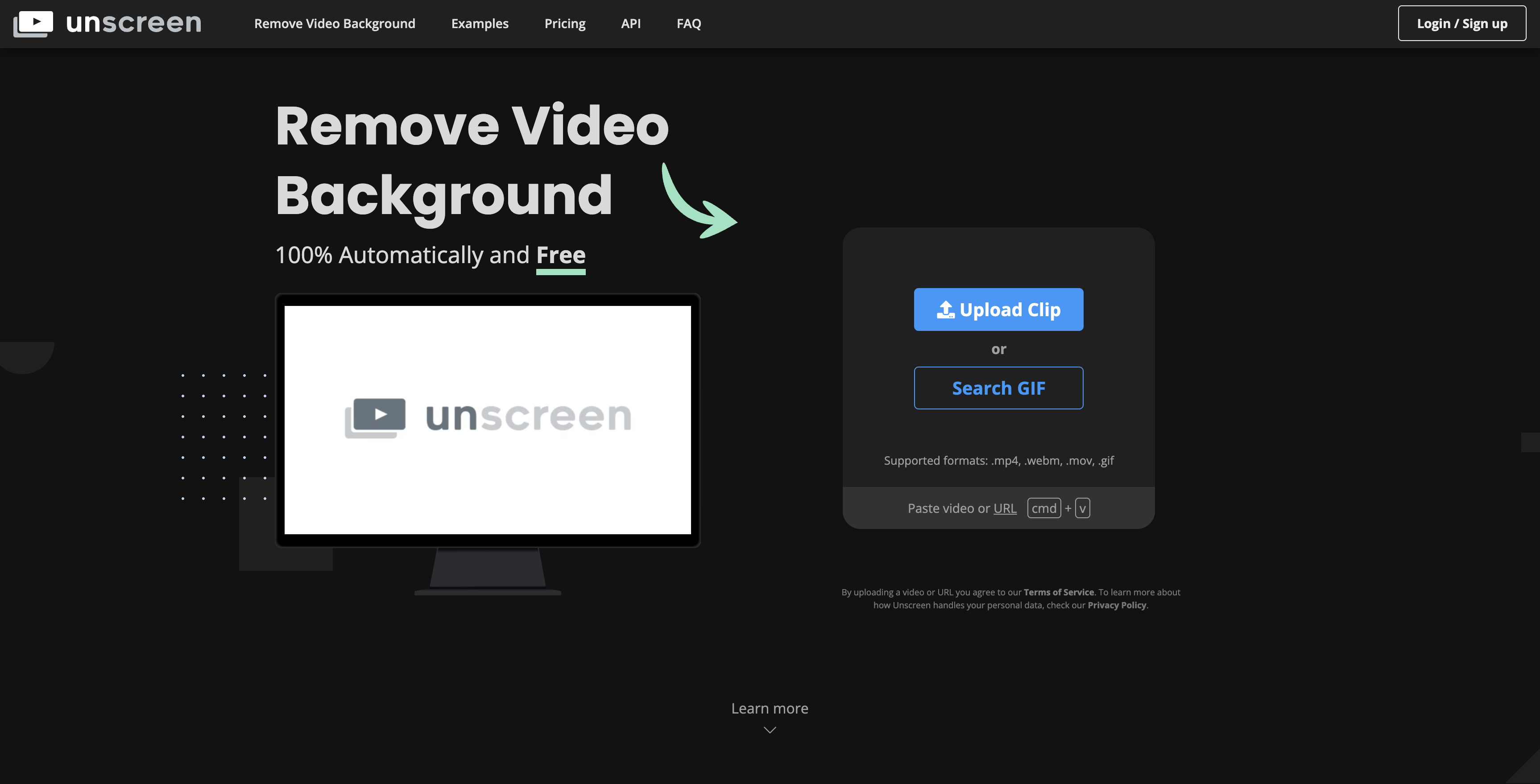 Unscreen - Screenshot showing the interface and features of this AI tool