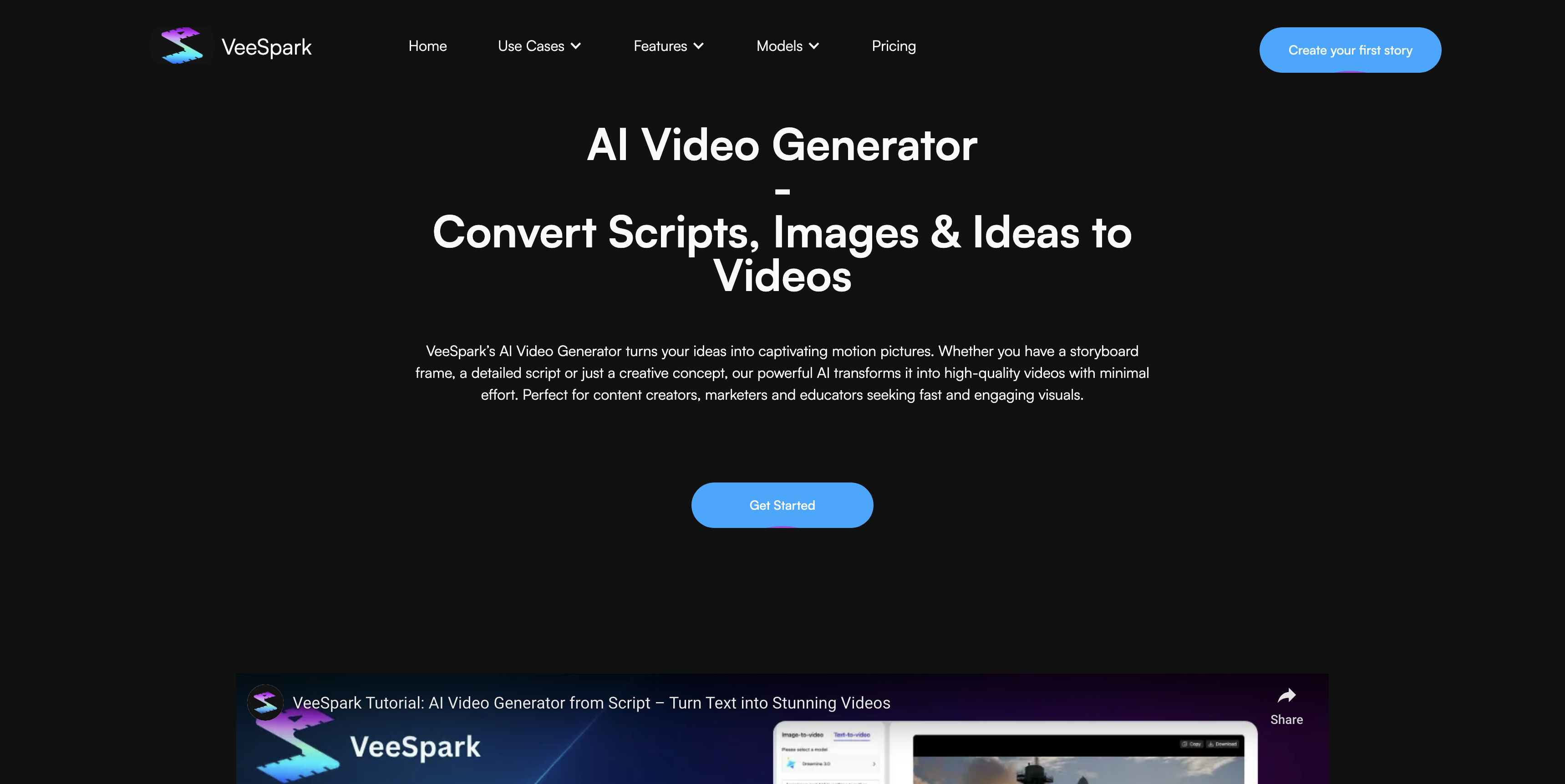 VeeSpark | AI Video Generator - Screenshot showing the interface and features of this AI tool