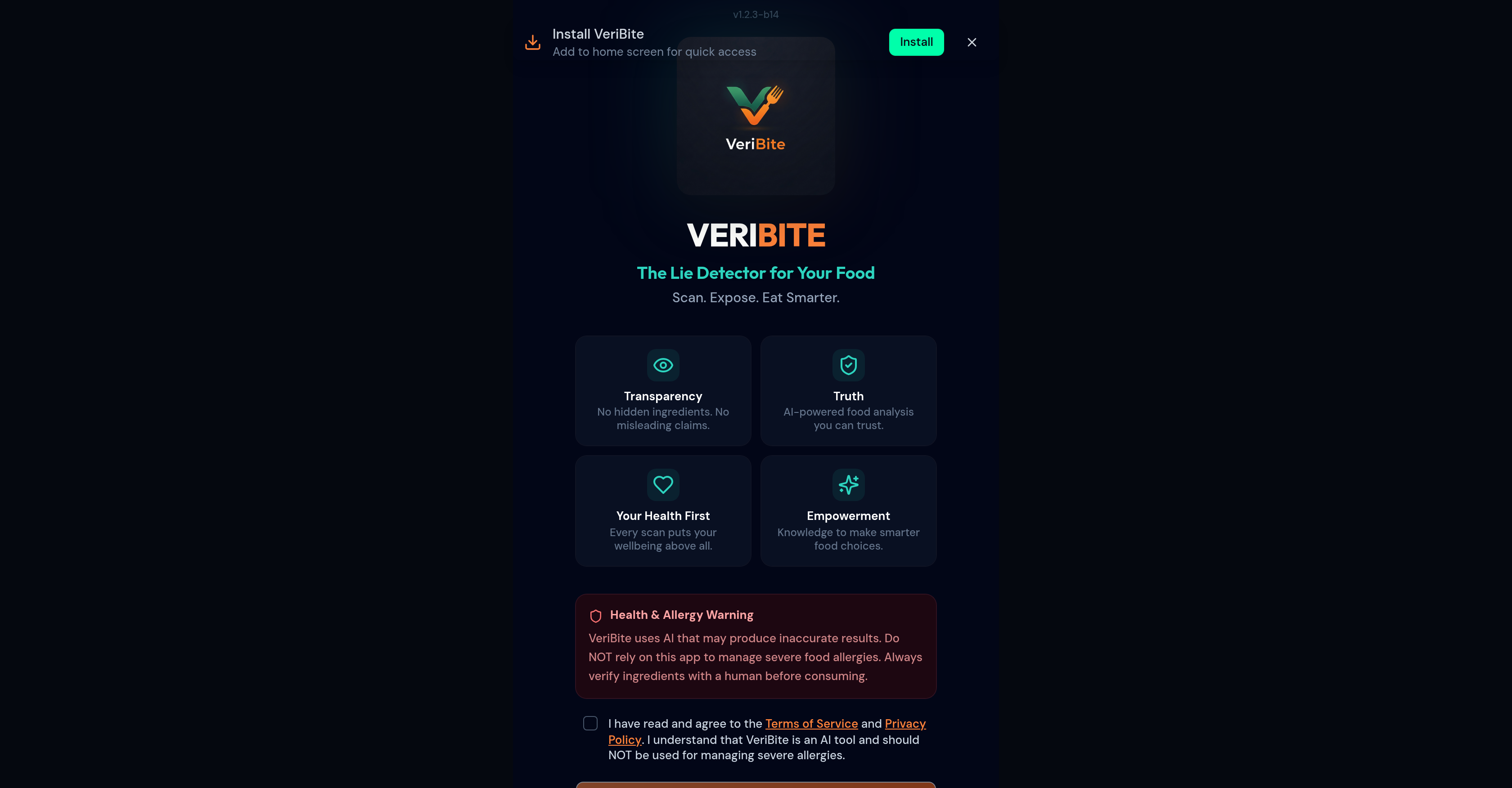 VeriBite - Screenshot showing the interface and features of this AI tool