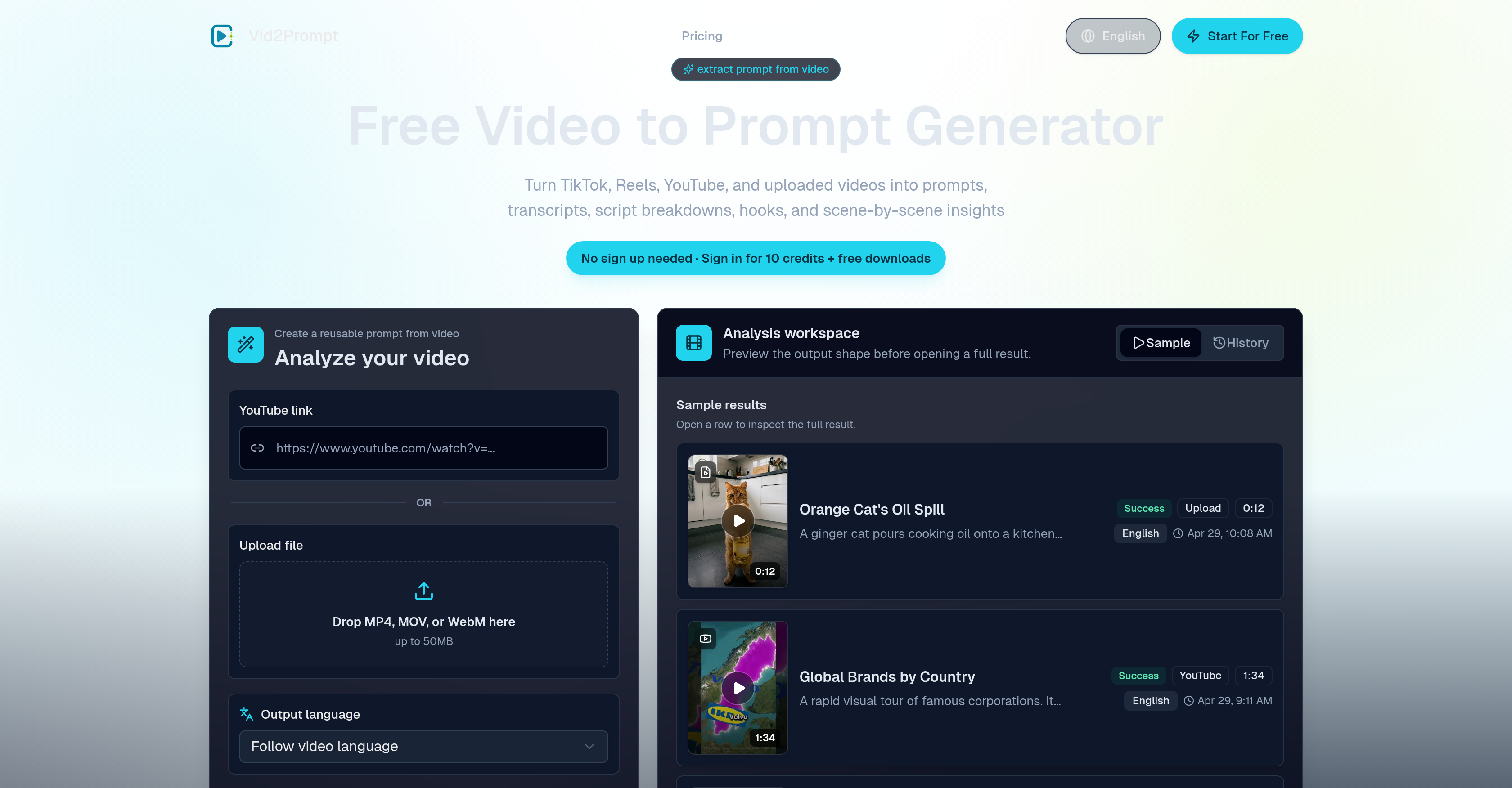 Vid2Prompt - Screenshot showing the interface and features of this AI tool