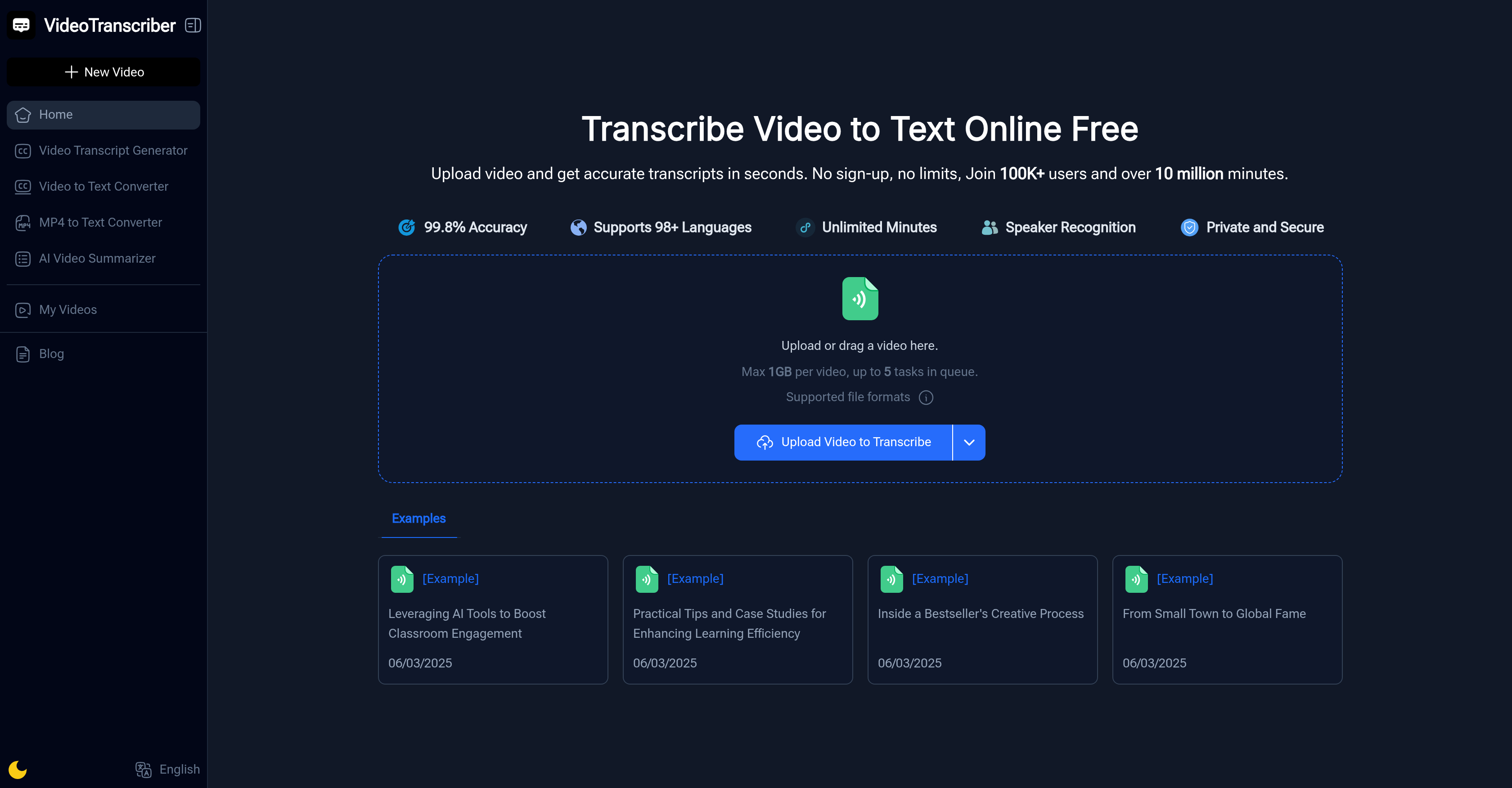 Video Transcriber AI - Screenshot showing the interface and features of this AI tool